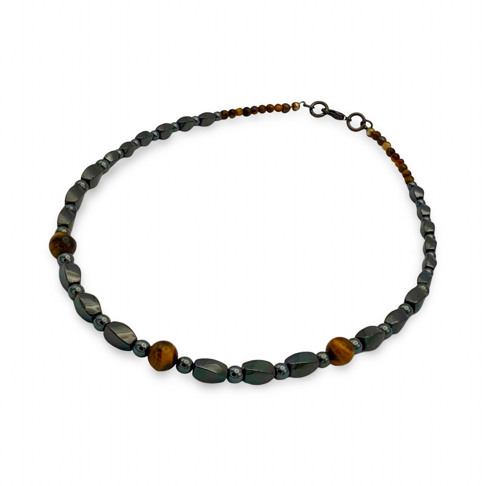 Unisex Hematite and Tiger's Eye gemstone necklace, by 3D Glass Designs.
