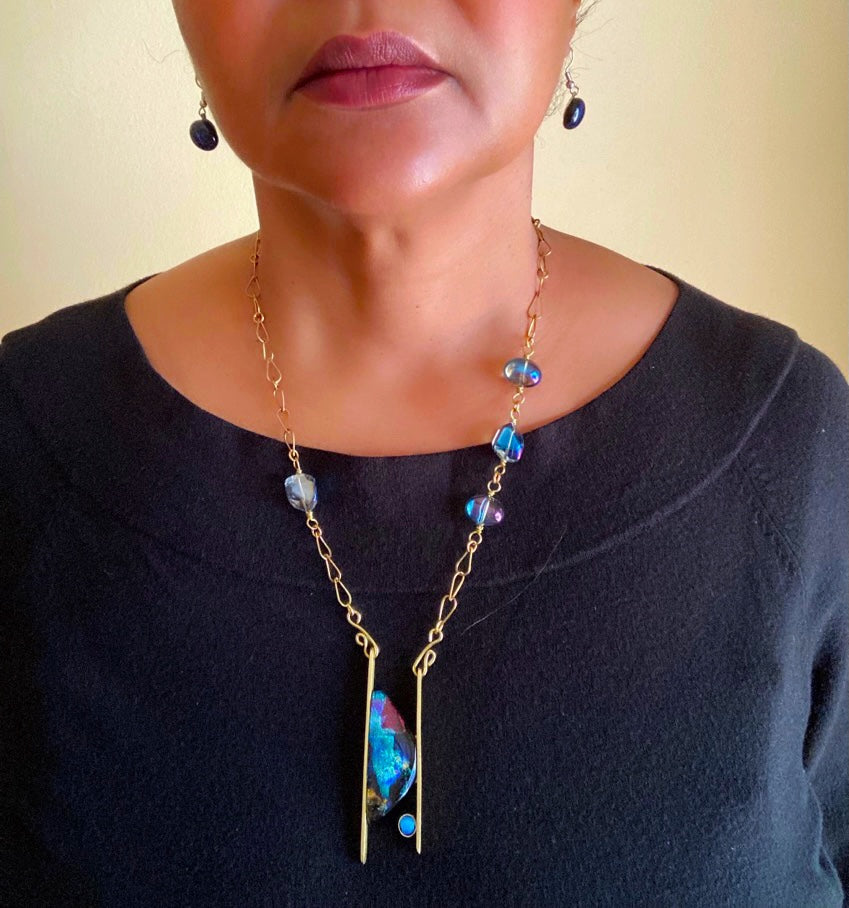 Contemporary Dichroic Glass and Brass Pendant Necklace | Handcrafted Asymmetrical Beaded Necklace