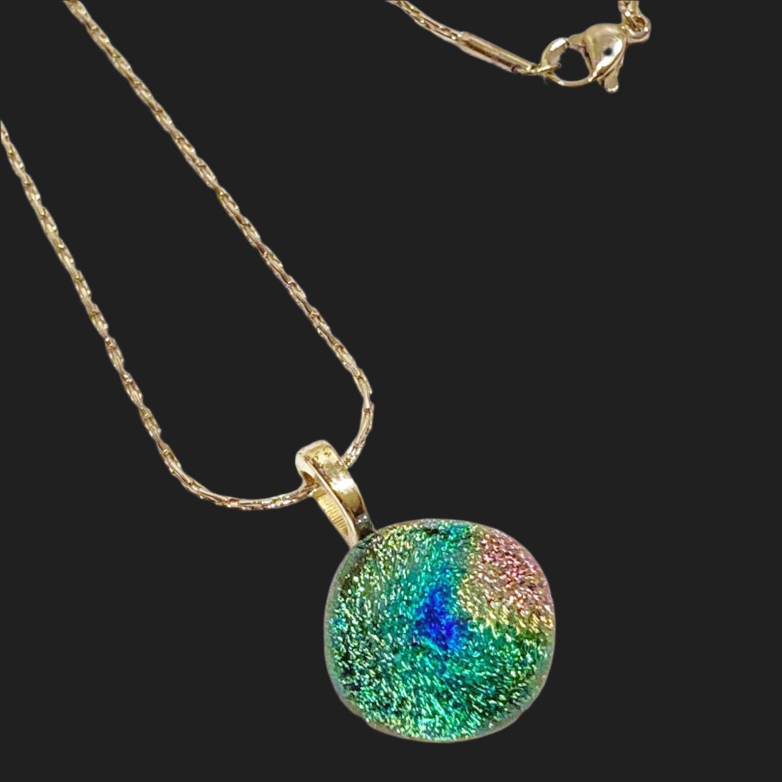 Small Round Teal Green Mauve Dichroic Glass Pendant