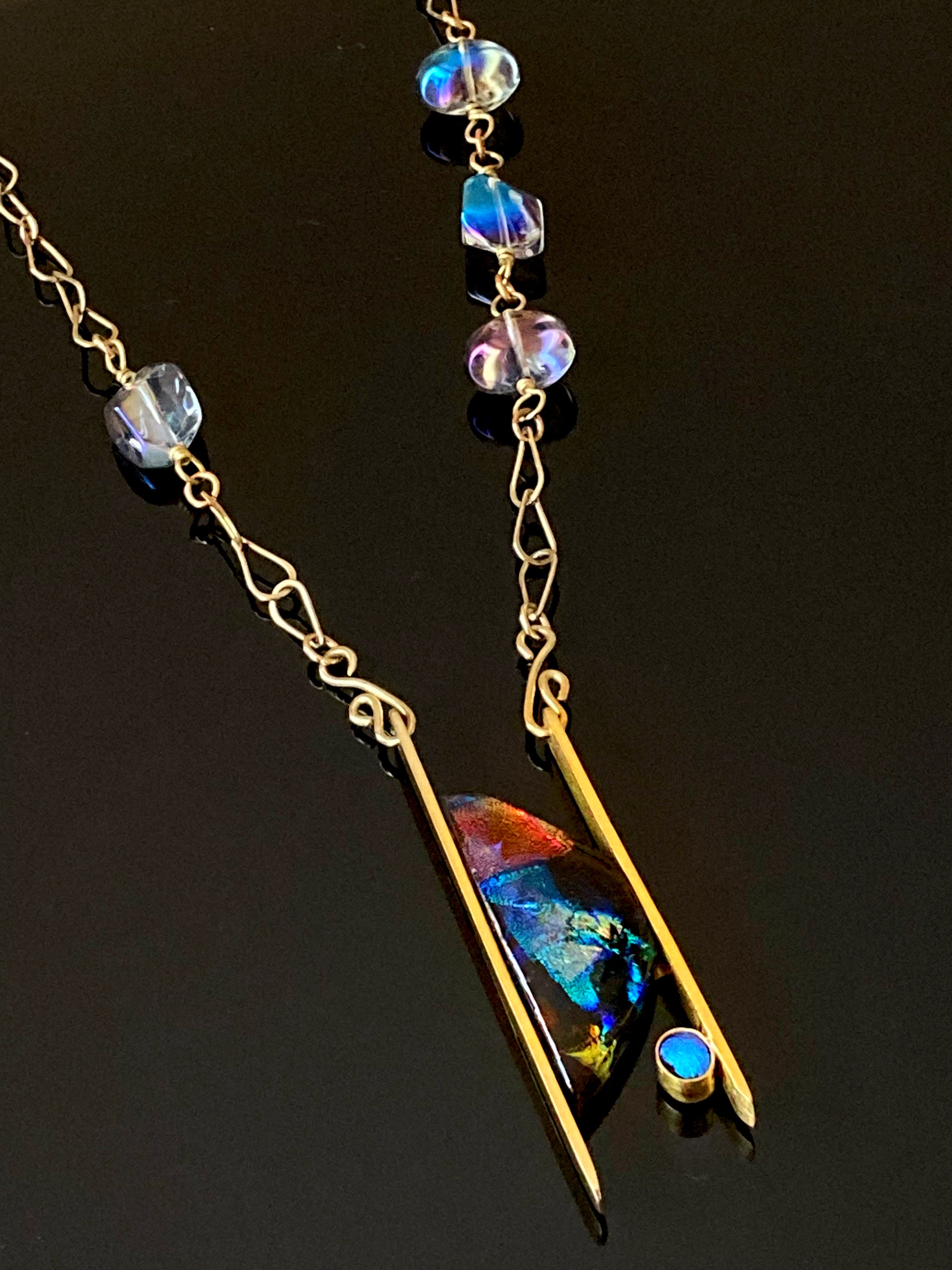 Contemporary Dichroic Glass and Brass Pendant Necklace | Handcrafted Asymmetrical Beaded Necklace