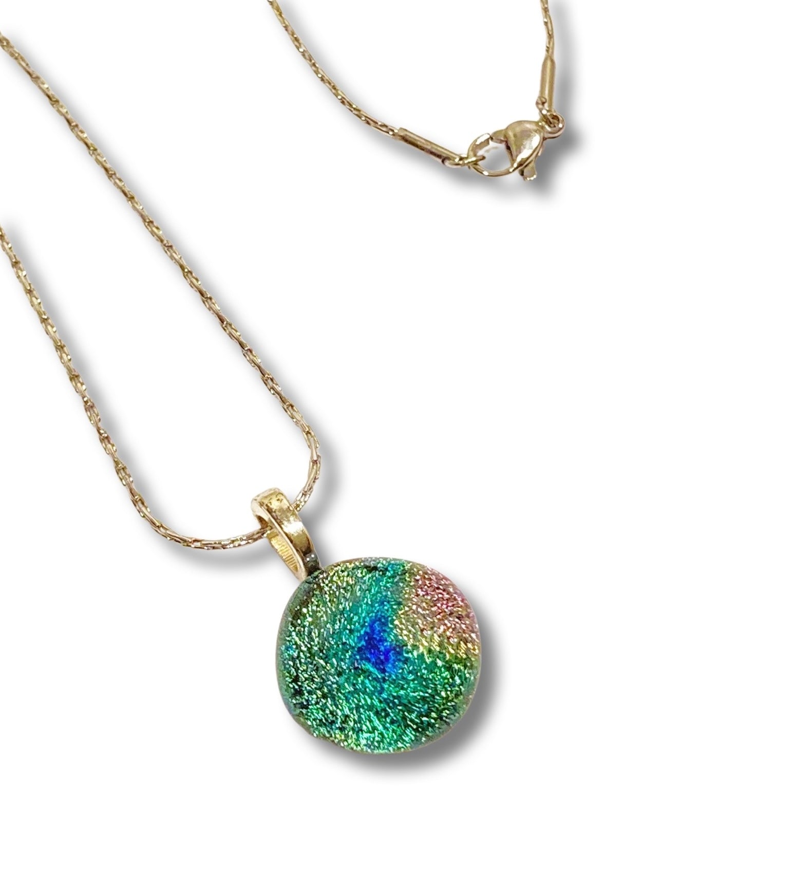Small Round Teal Green Mauve Dichroic Glass Pendant