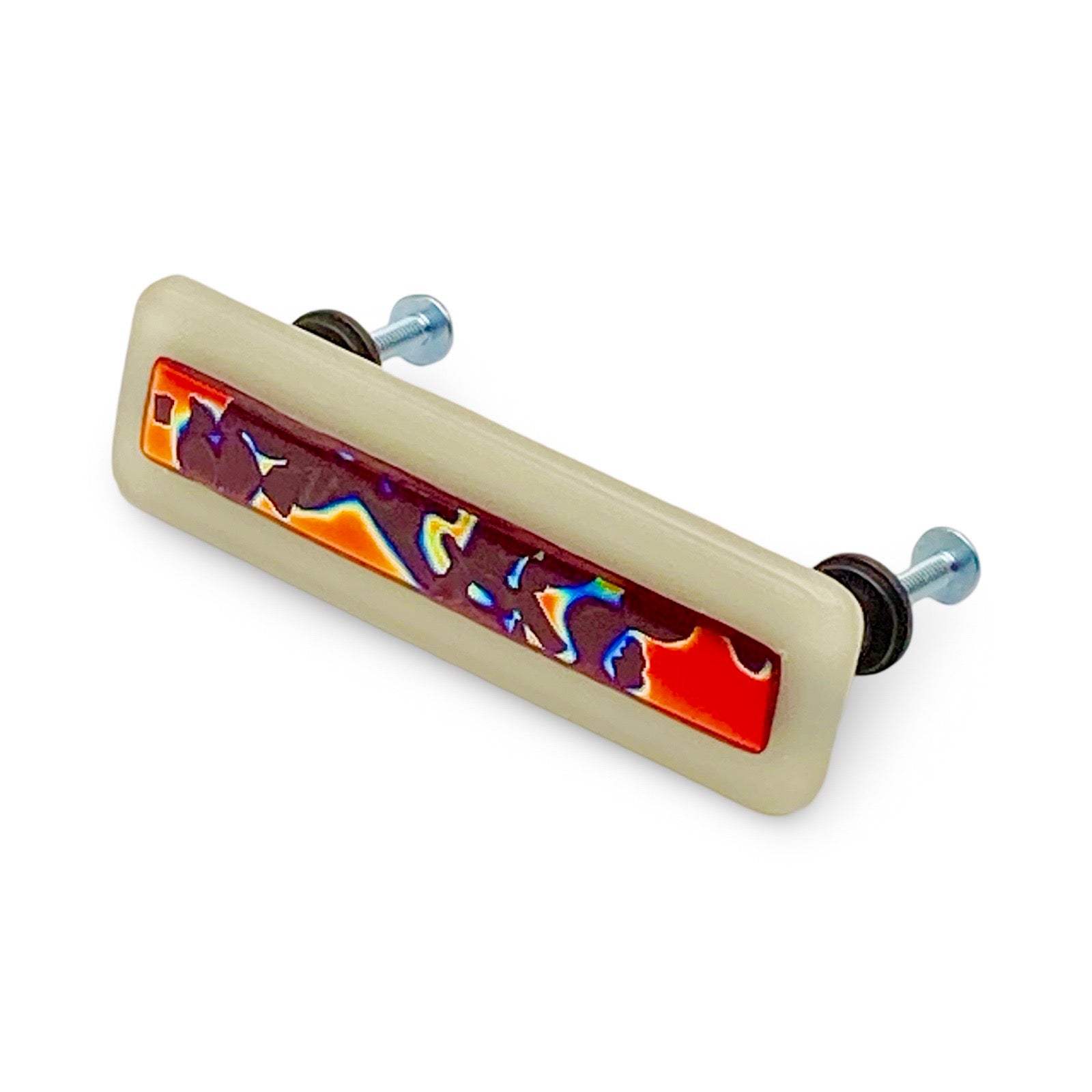 4" long Cream and red dichroic glass cabinet door handle, by 3D Glass Designs.