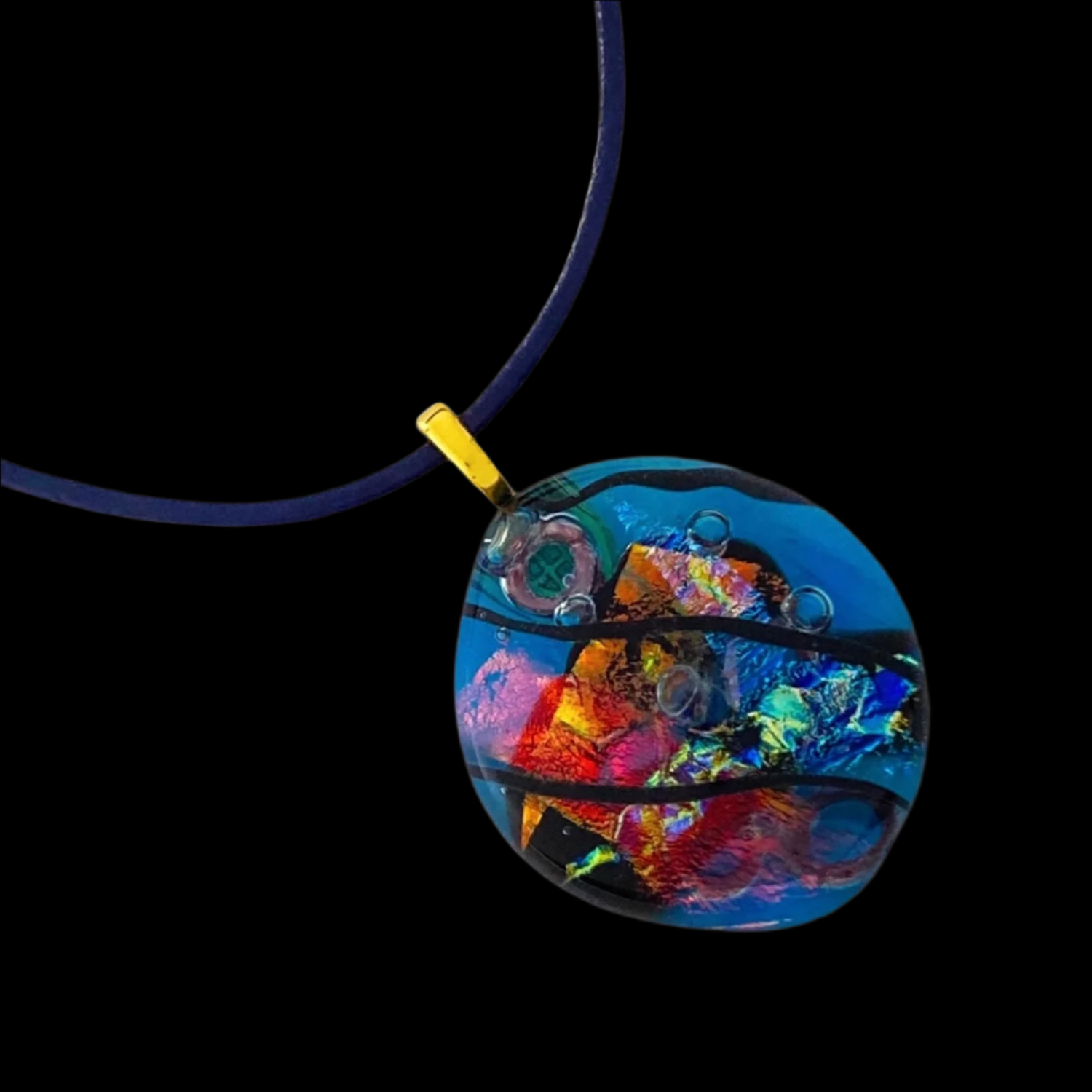 Transparent Blue Fused Glass Pendant | Multicolor Dichroic Glass Jewelry