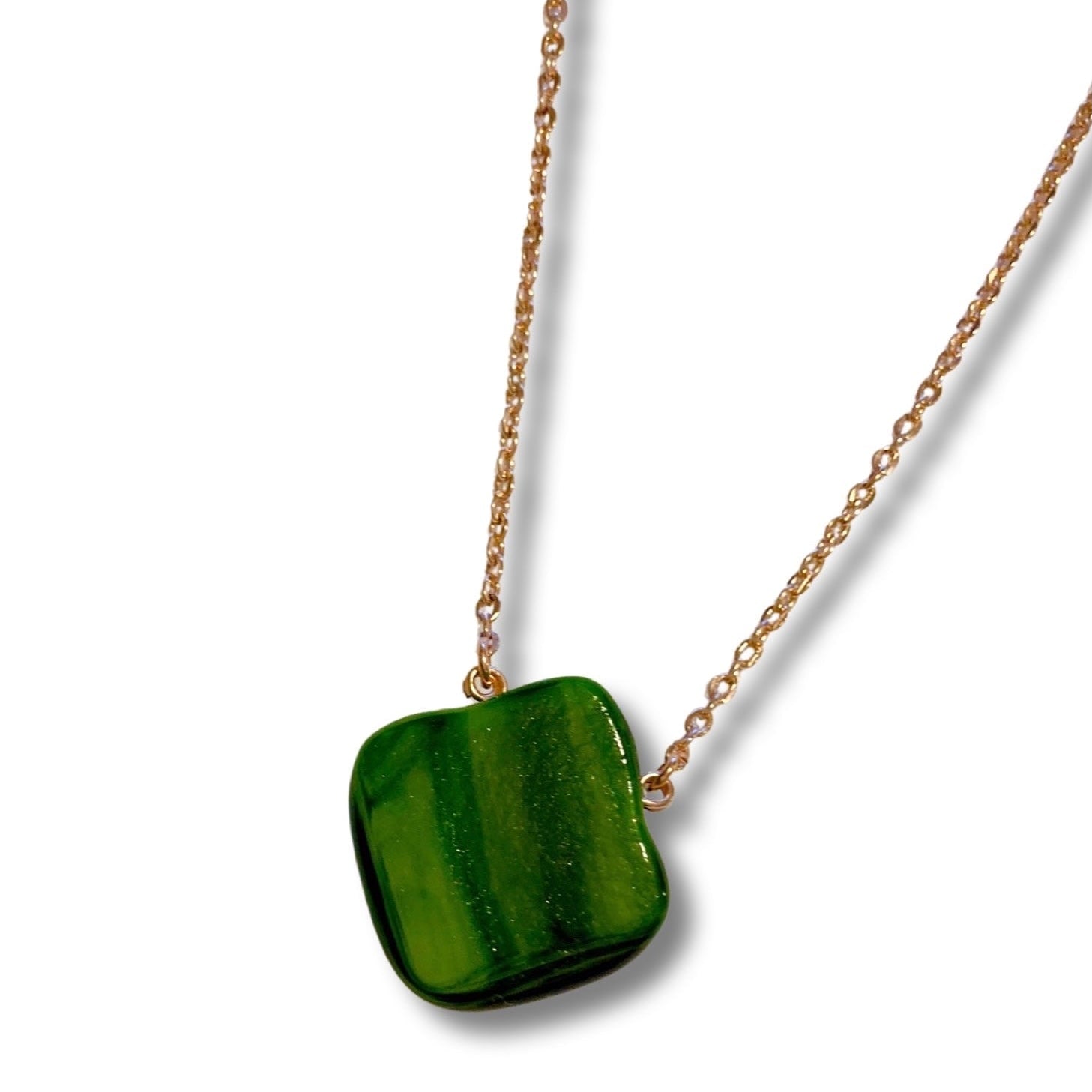 Green fused glass pendant with gold chain, 3D Glass Designs.