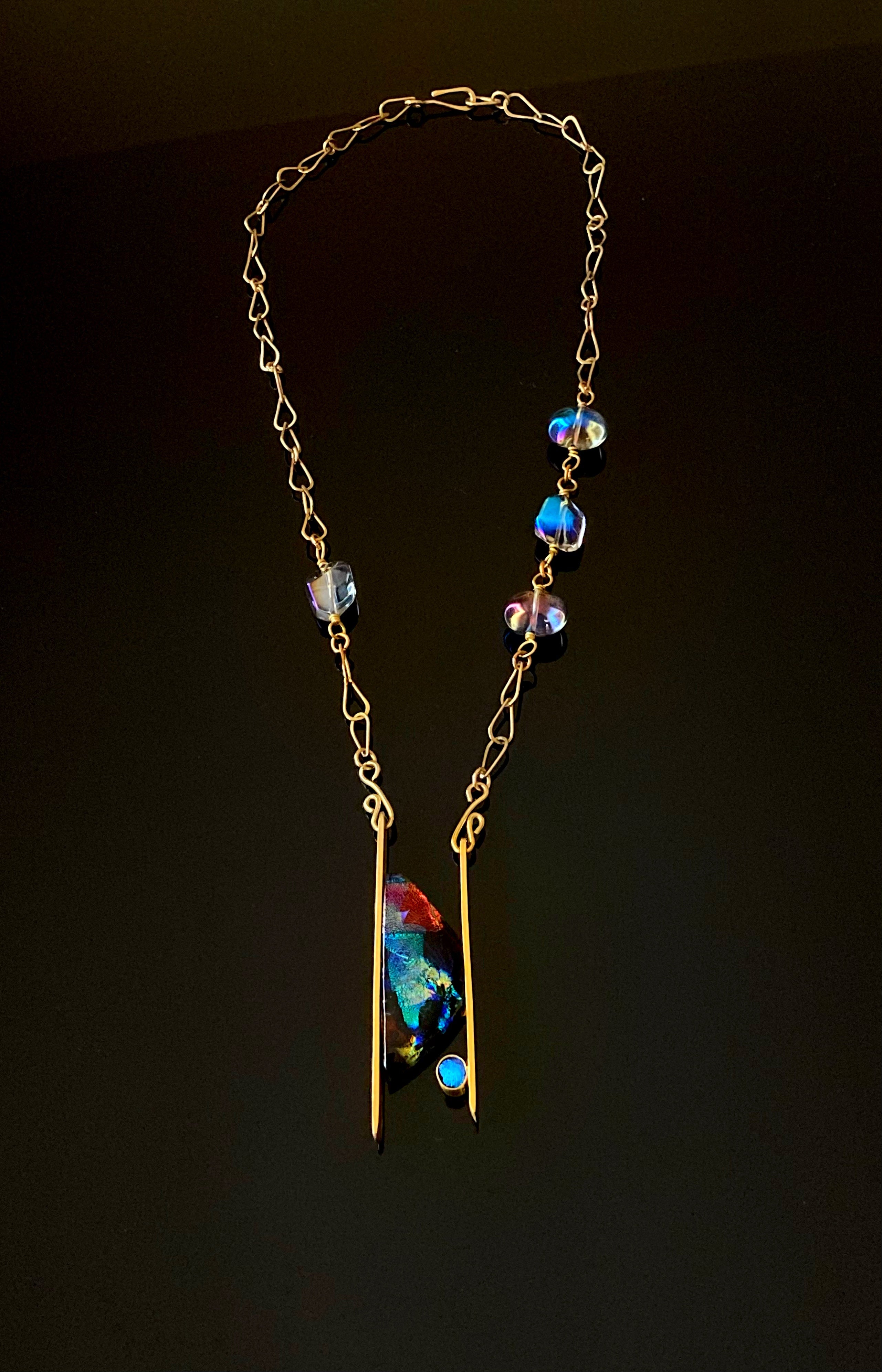 Contemporary Dichroic Glass and Brass Pendant Necklace | Handcrafted Asymmetrical Beaded Necklace