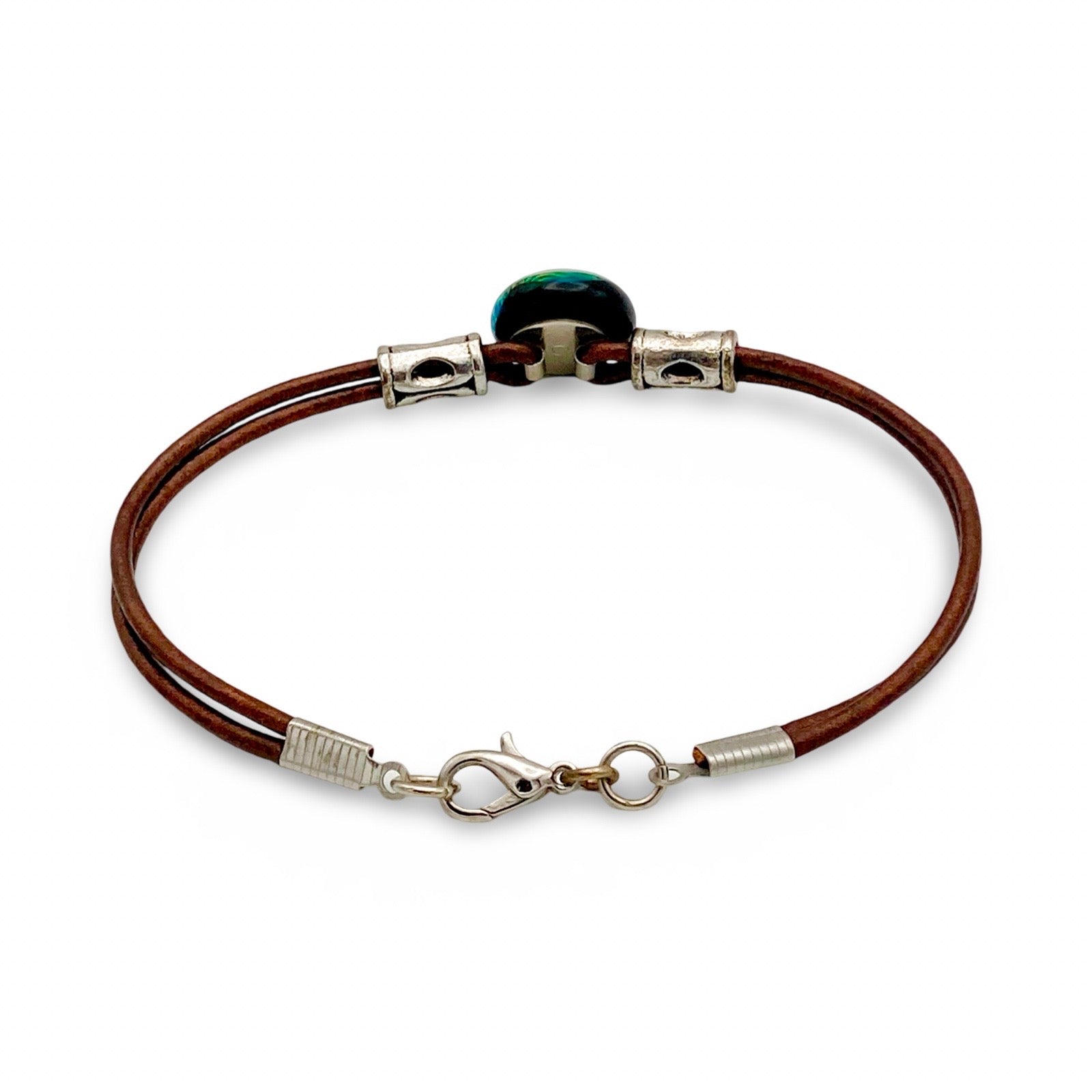Green Fused Glass and Leather Bracelet