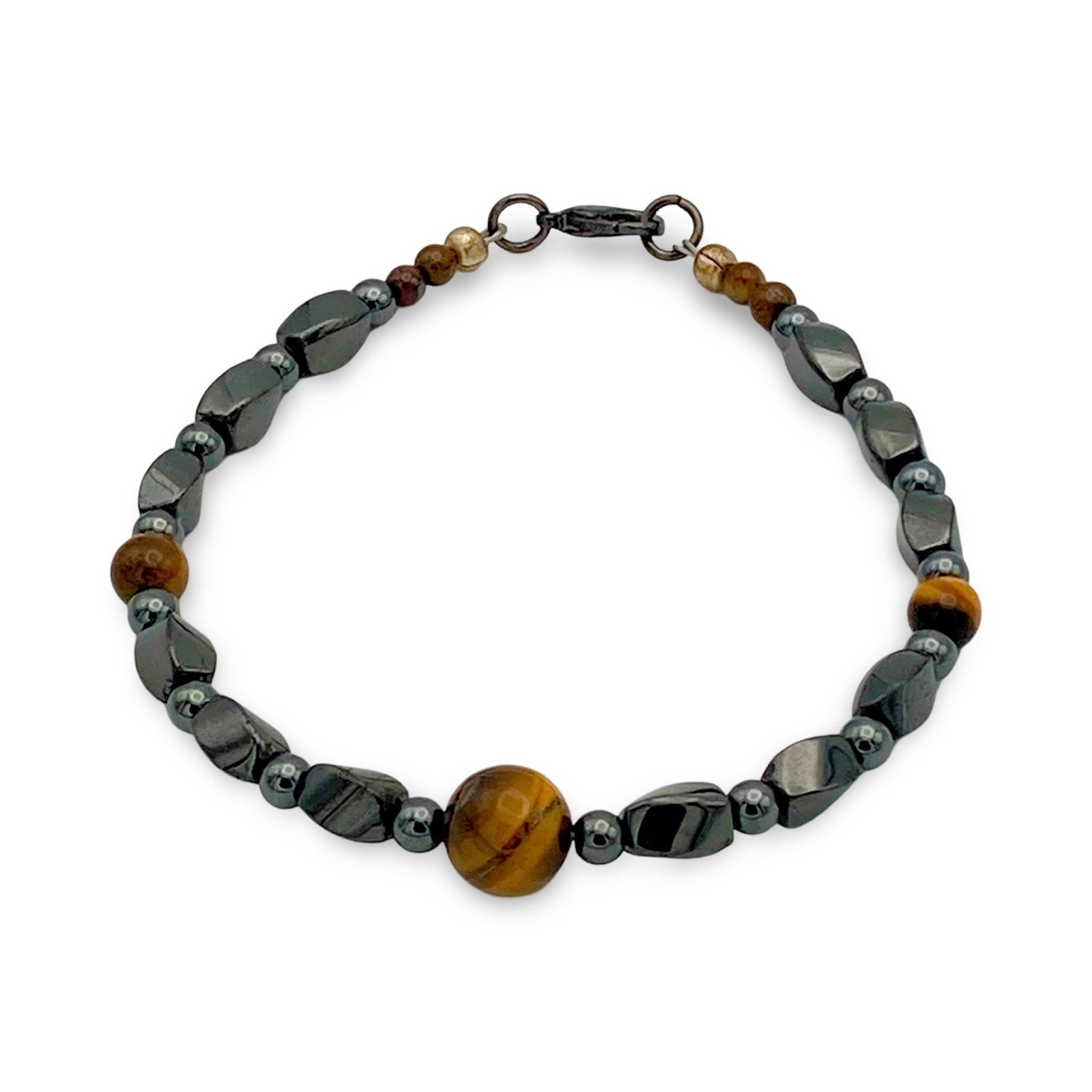 Unisex Hematite and tiger's eye beaded bracelet, by 3D Glass Designs.