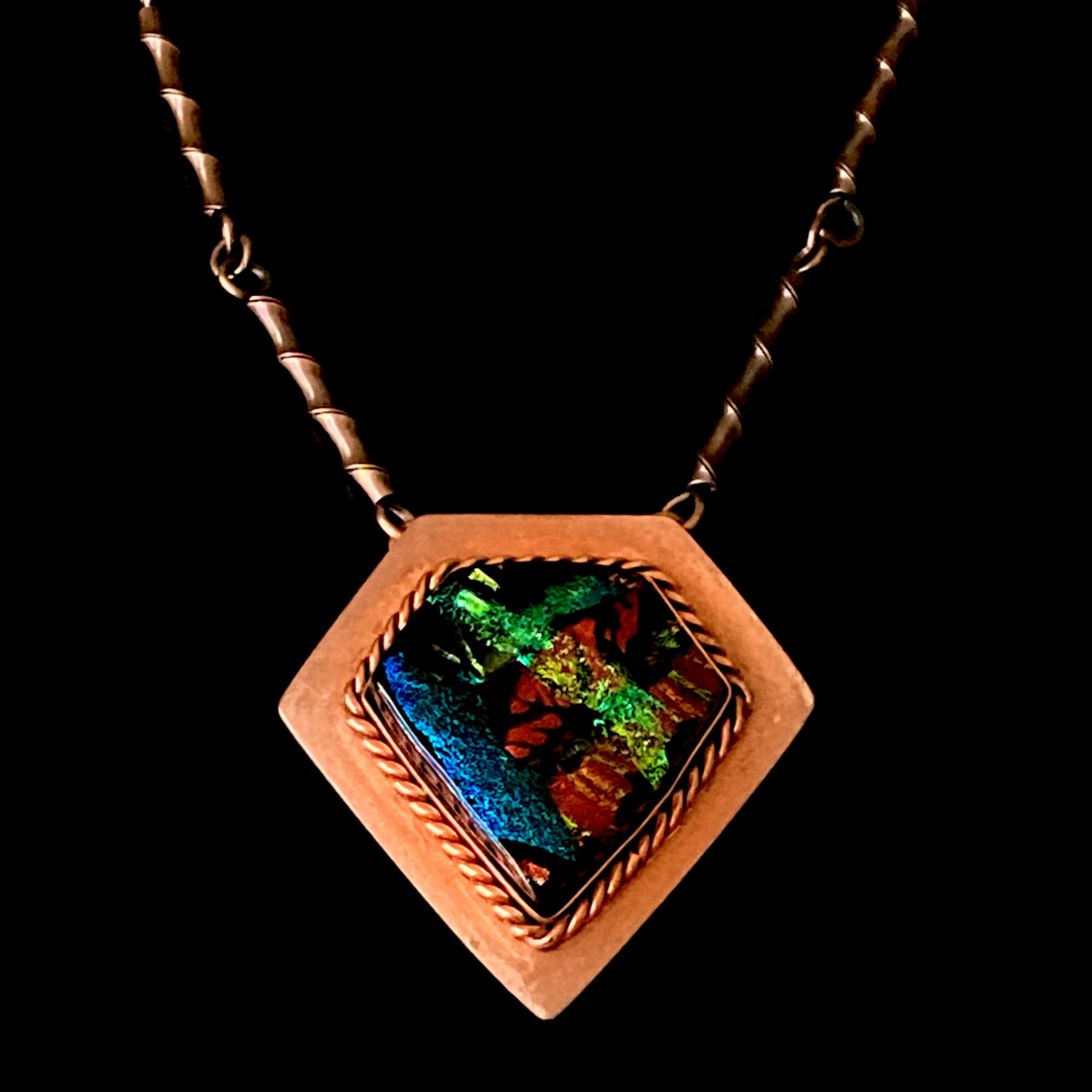 Diamond-shaped Shield Pendant in Copper and Fused Glass | Statement Necklace