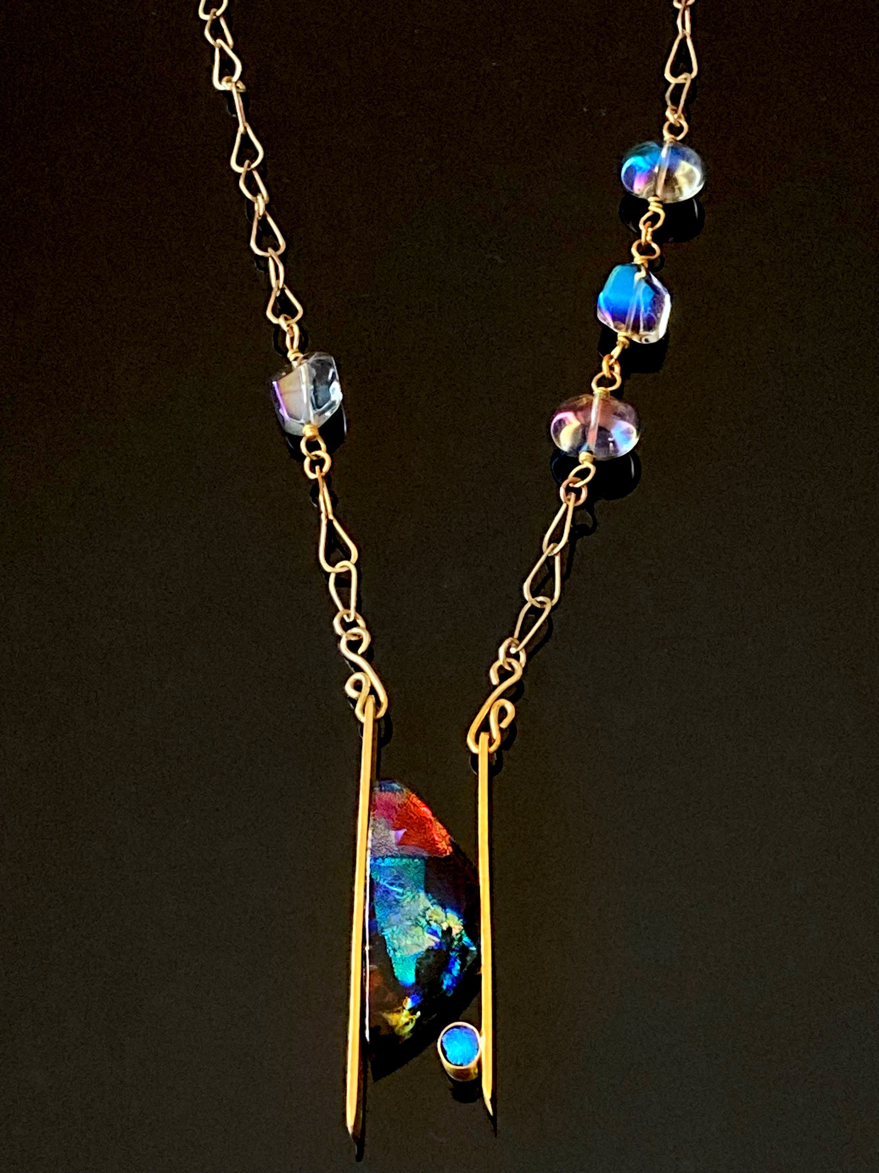 Contemporary Dichroic Glass and Brass Pendant Necklace | Handcrafted Asymmetrical Beaded Necklace