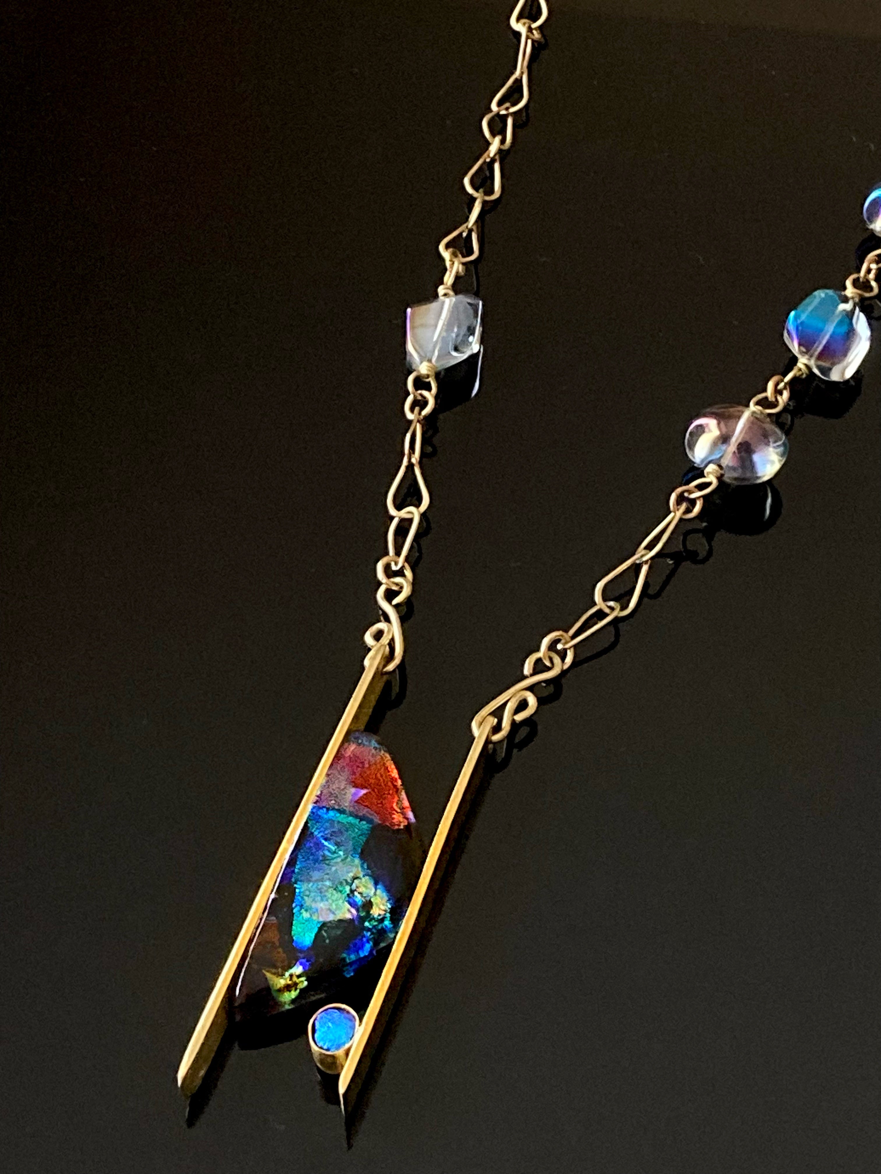 Contemporary Dichroic Glass and Brass Pendant Necklace | Handcrafted Asymmetrical Beaded Necklace