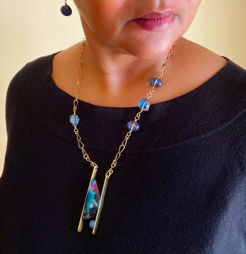 Contemporary Dichroic Glass and Brass Pendant Necklace | Handcrafted Asymmetrical Beaded Necklace
