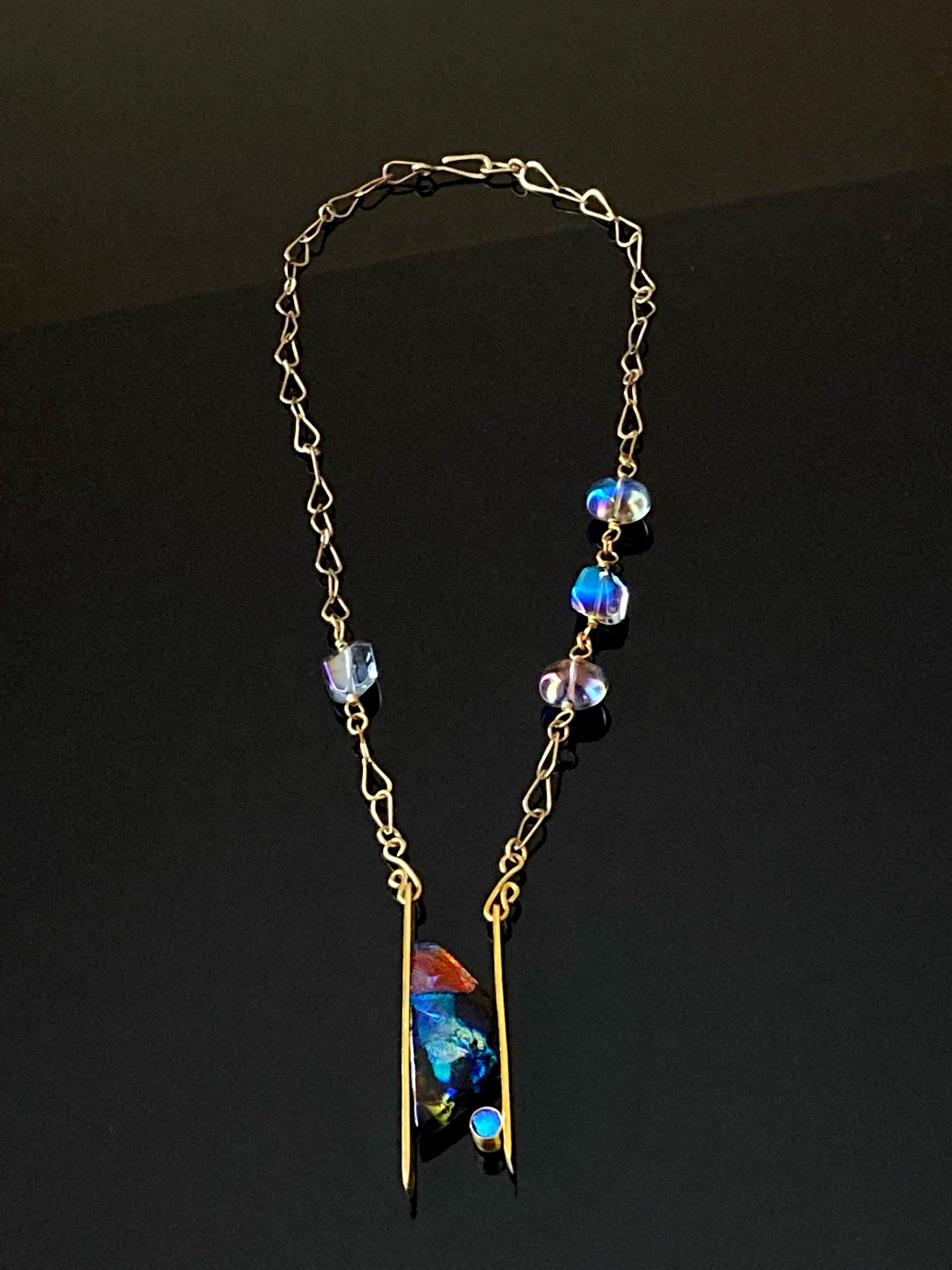 Contemporary Dichroic Glass and Brass Pendant Necklace | Handcrafted Asymmetrical Beaded Necklace