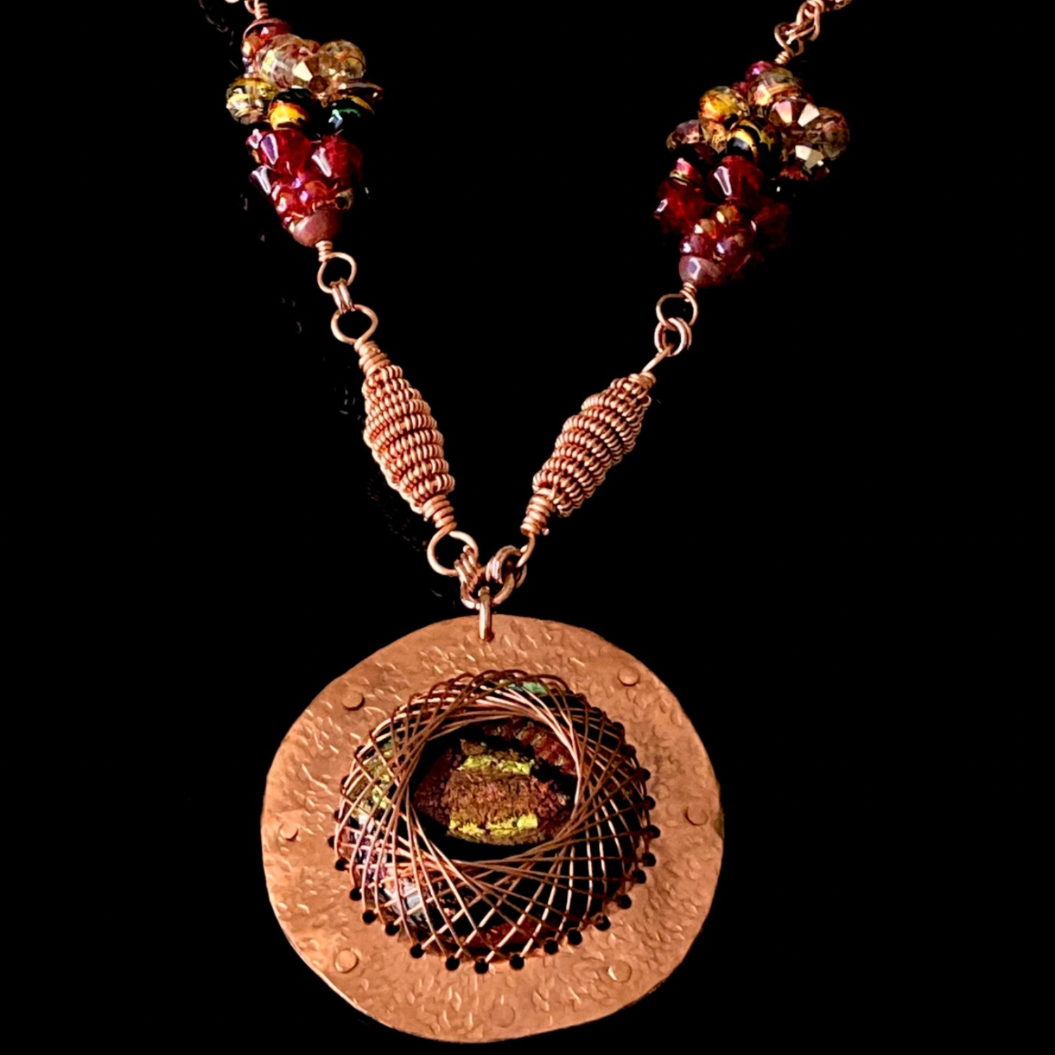 Long copper and dichroic glass pendant necklace with handmade bead clusters, by 3D Glass Designs.