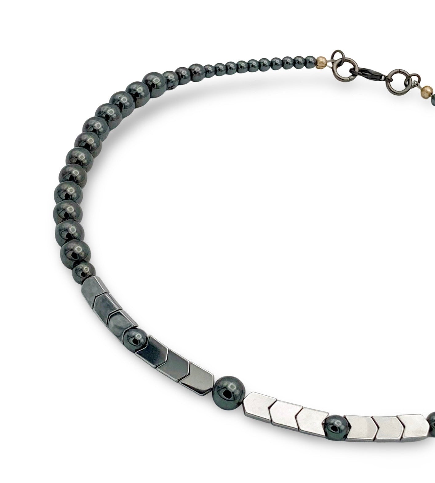 Detailed view of Unisex beaded hematite necklace, by 3D Glass Designs.