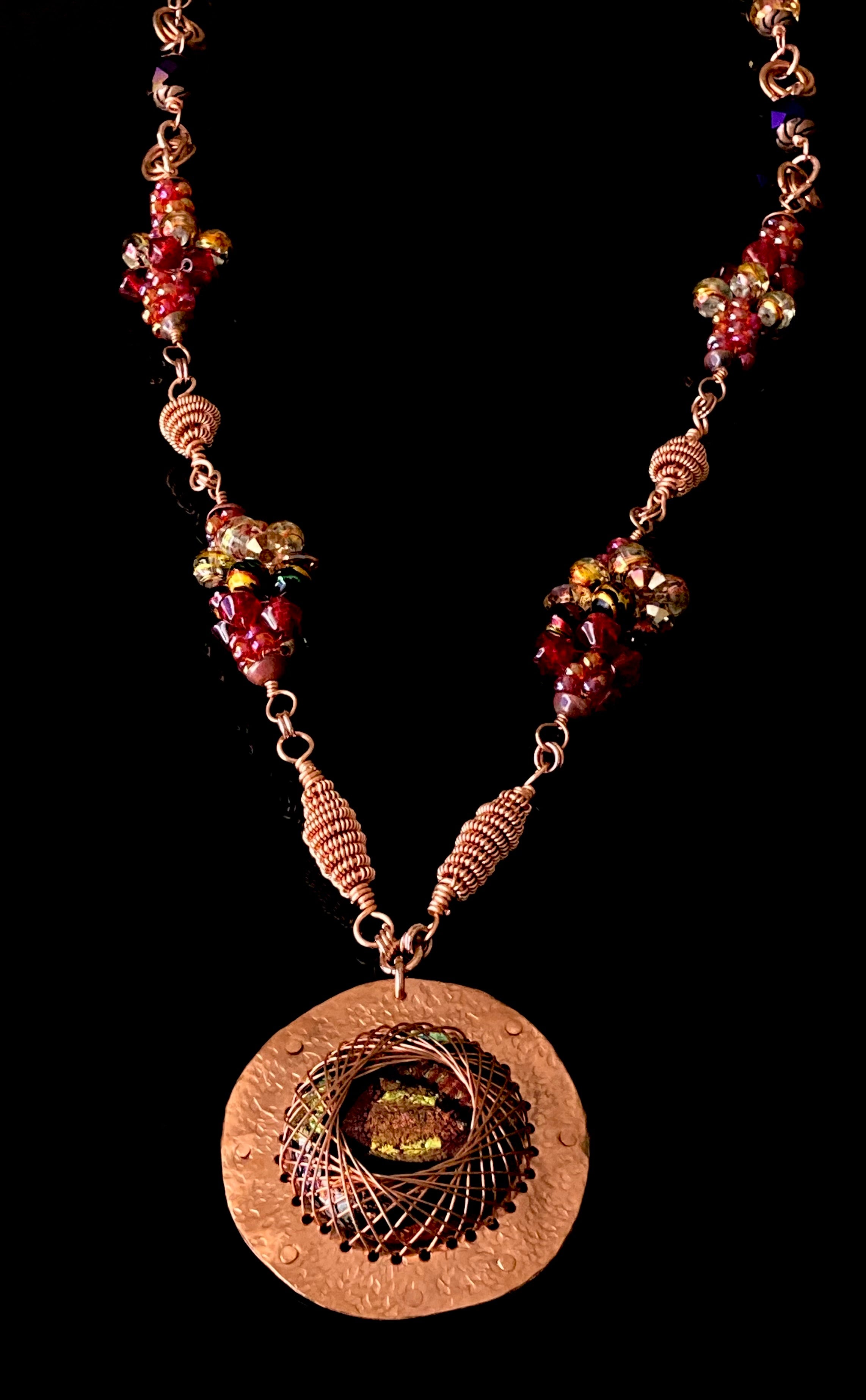 Long copper and dichroic glass pendant necklace with handmade bead clusters, by 3D Glass Designs.