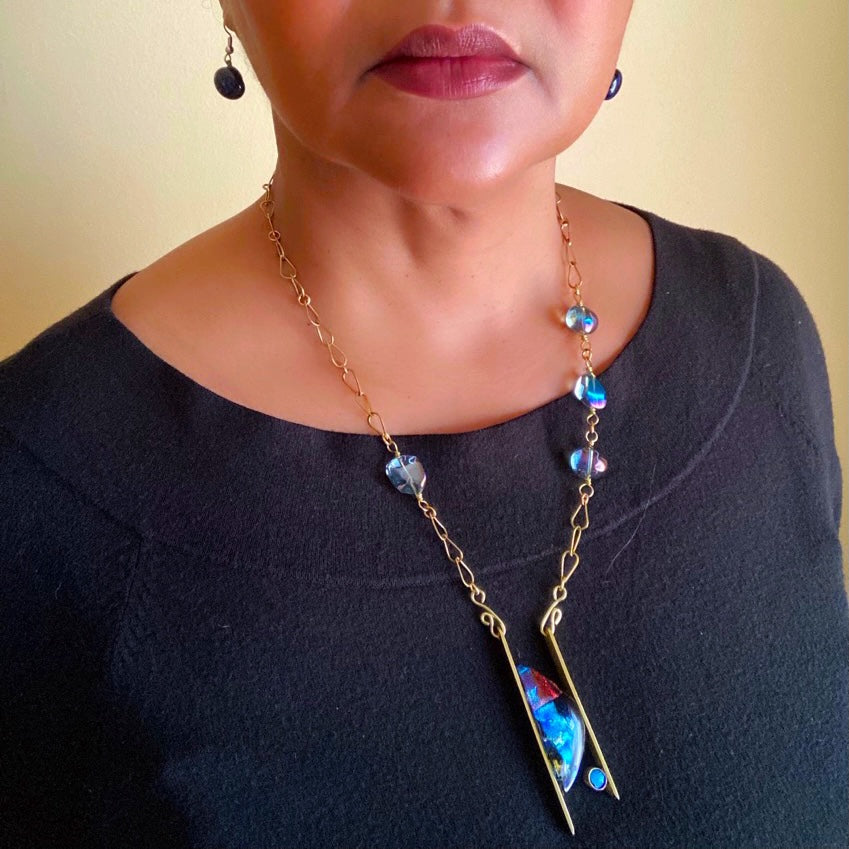Contemporary Dichroic Glass and Brass Pendant Necklace | Handcrafted Asymmetrical Beaded Necklace