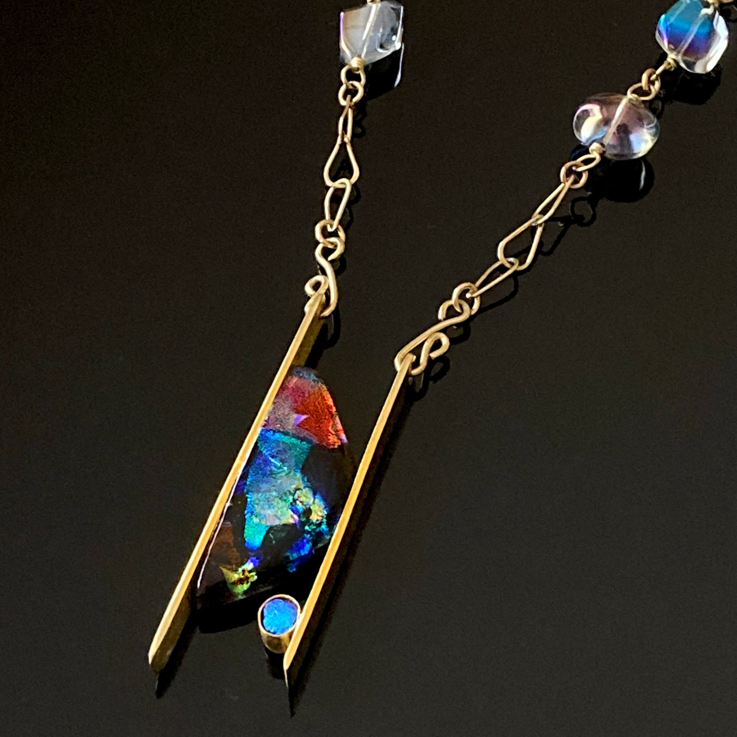 Contemporary Dichroic Glass and Brass Pendant Necklace | Handcrafted Asymmetrical Beaded Necklace