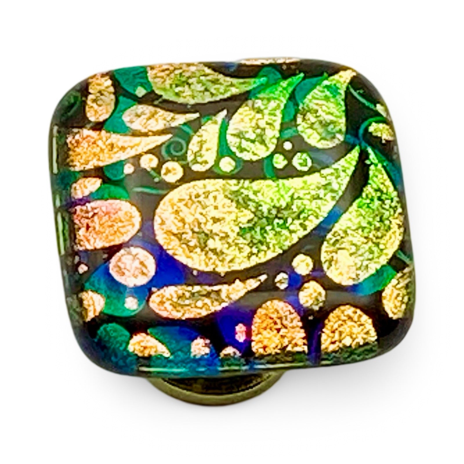 Handmade dichroic glass cabinet knob, by 3D Glass Designs.