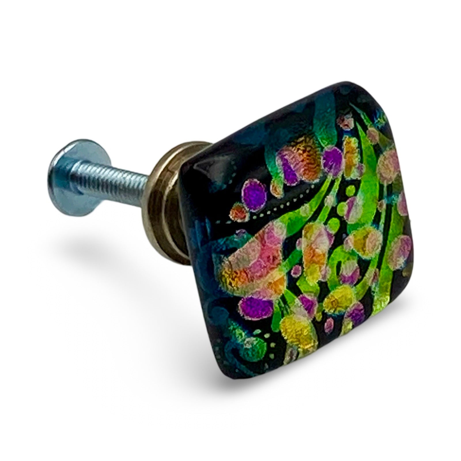 Colorful fused dichroic glass knob, by 3D Glass designs.