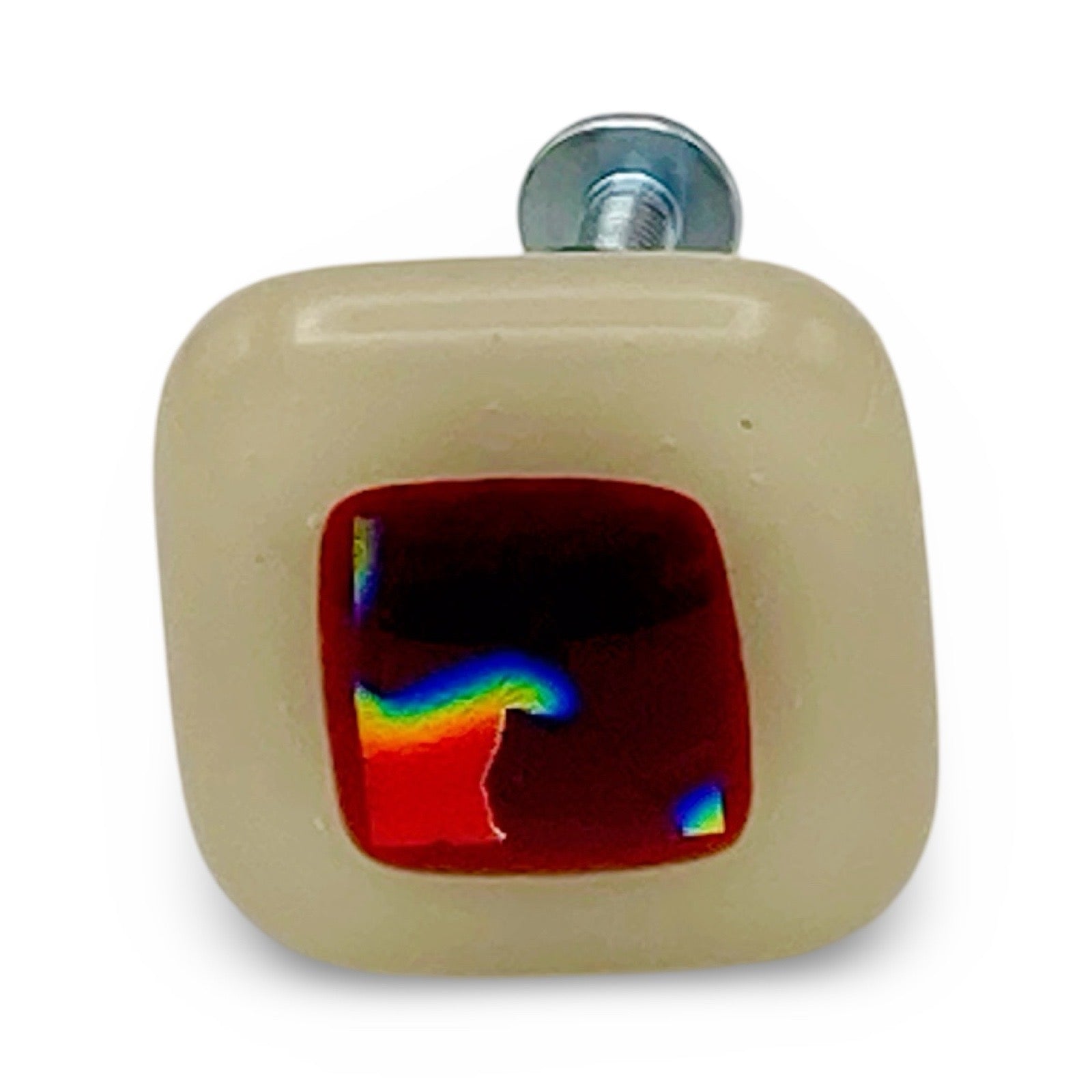 Cream and red fused glass cabinet door knob, by 3D Glass Designs.