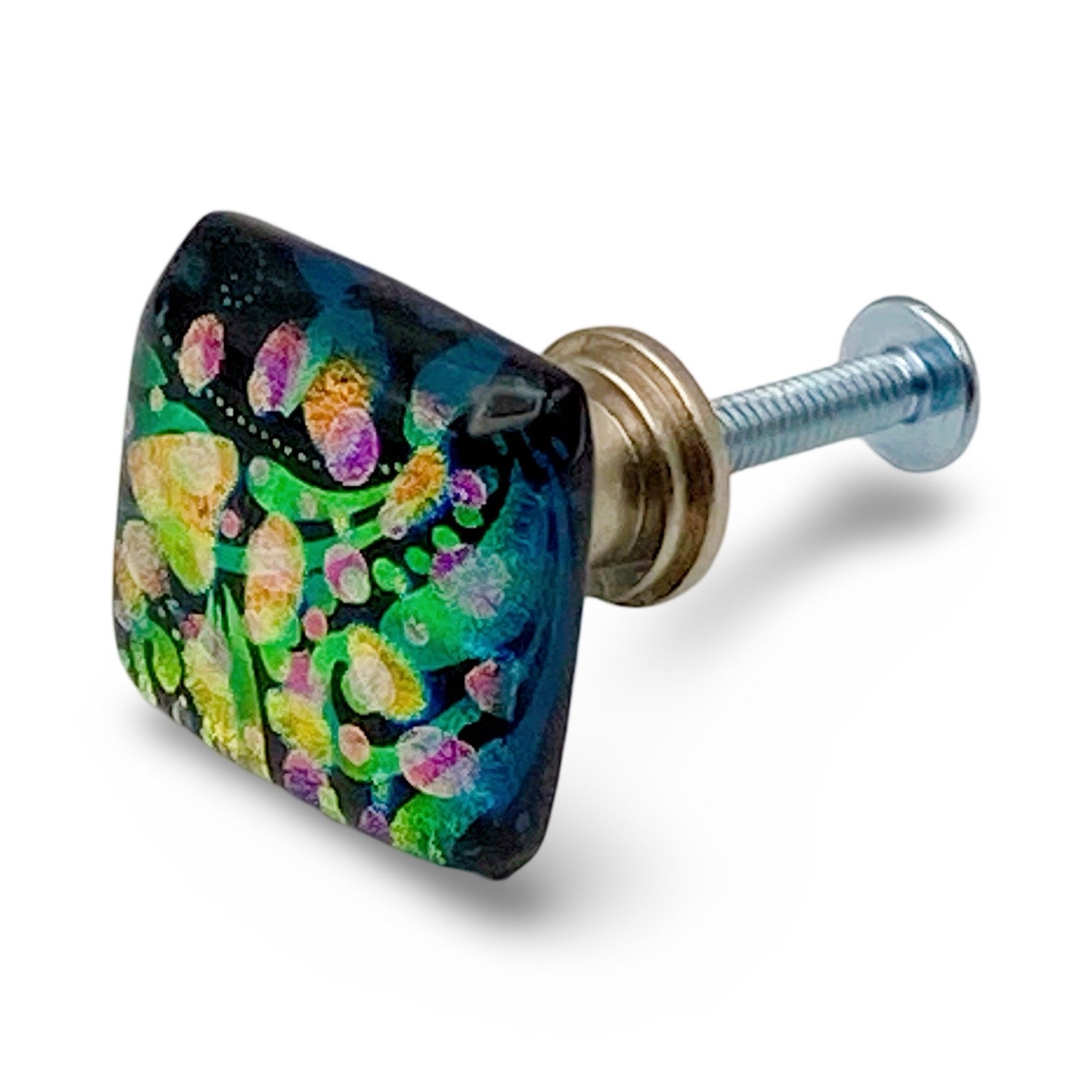 Colorful fused dichroic glass knob, by 3D Glass designs.