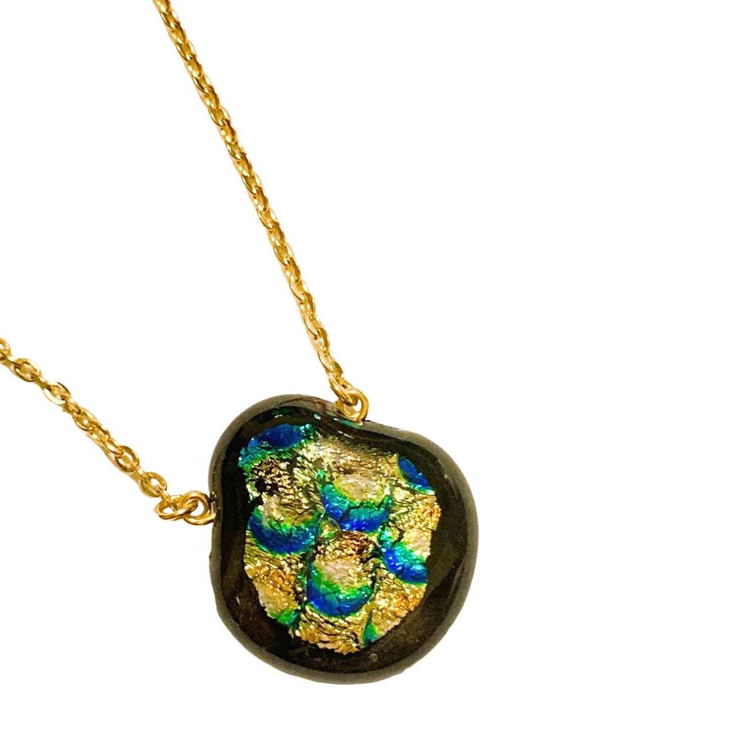 Fused glass pendant on a gold chain against a white background, by 3D Glass Designs.