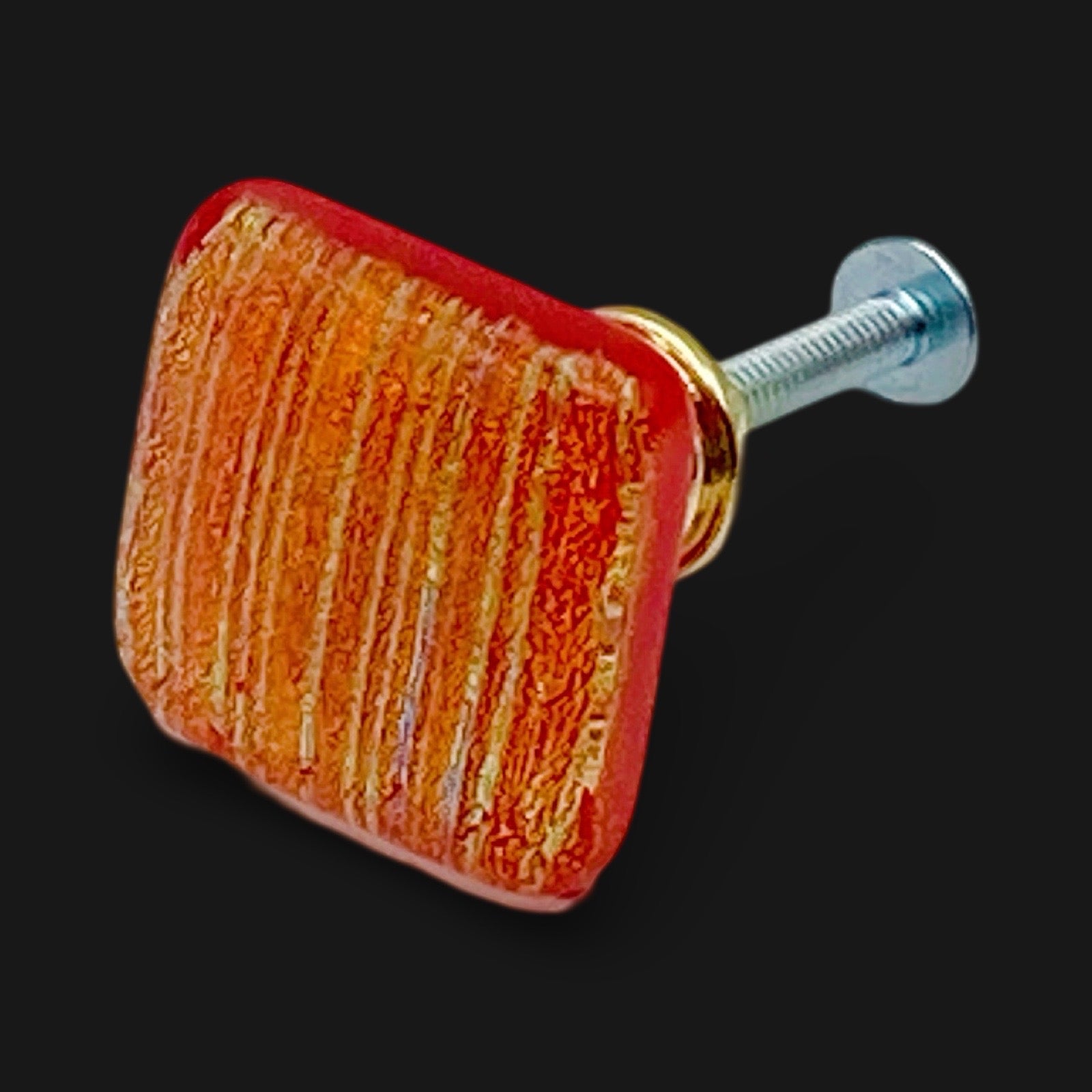 Handmade fused dichroic glass furniture knob, by 3D Glass designs.