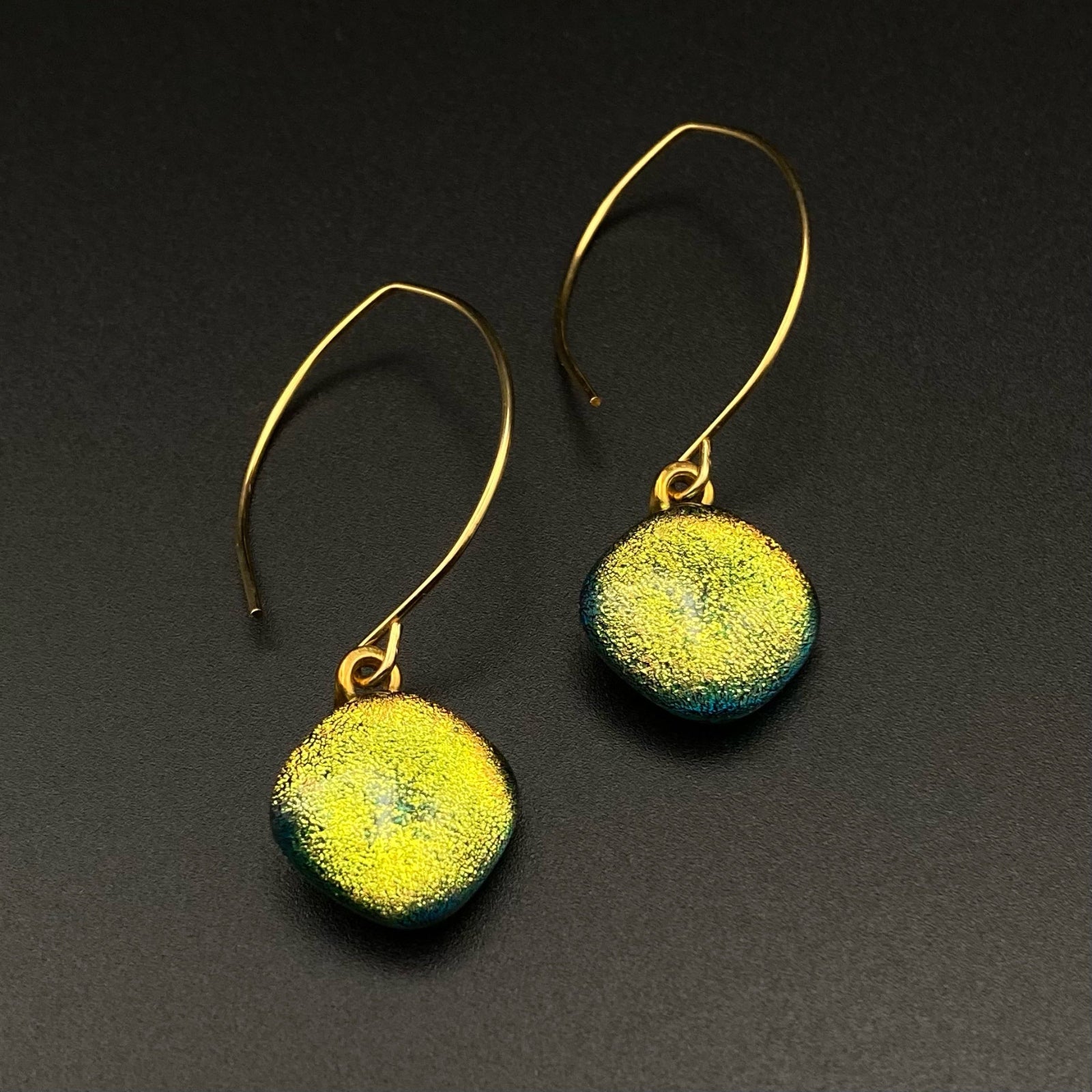 Handcrafted fused glass dangle earrings with gold ear wires, by 3D Glass Designs.