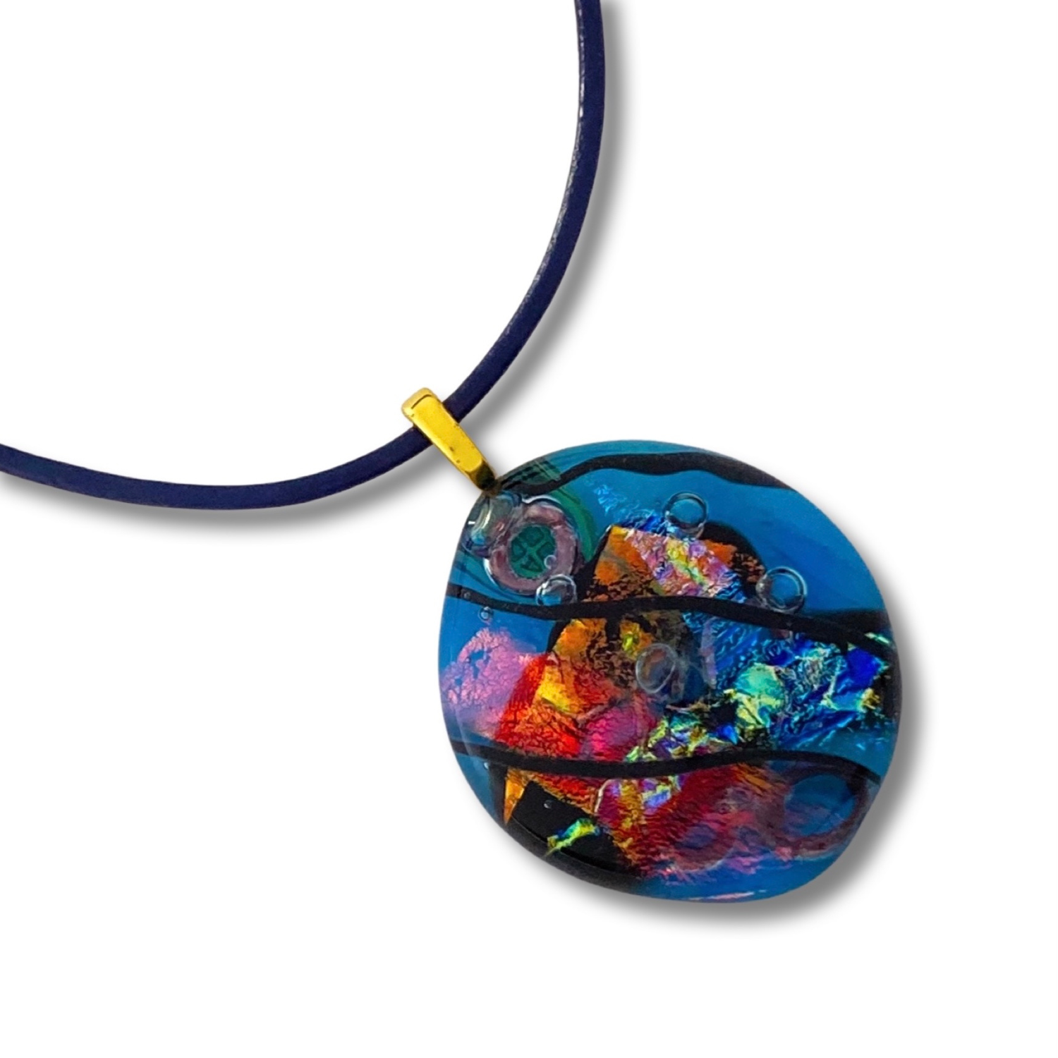 Transparent Blue Fused Glass Pendant | Multicolor Dichroic Glass Jewelry