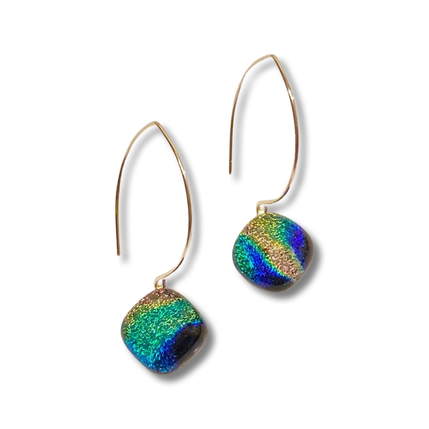 A pair of pierced earrings with a dichroic glass drop, by 3D Glass Designs