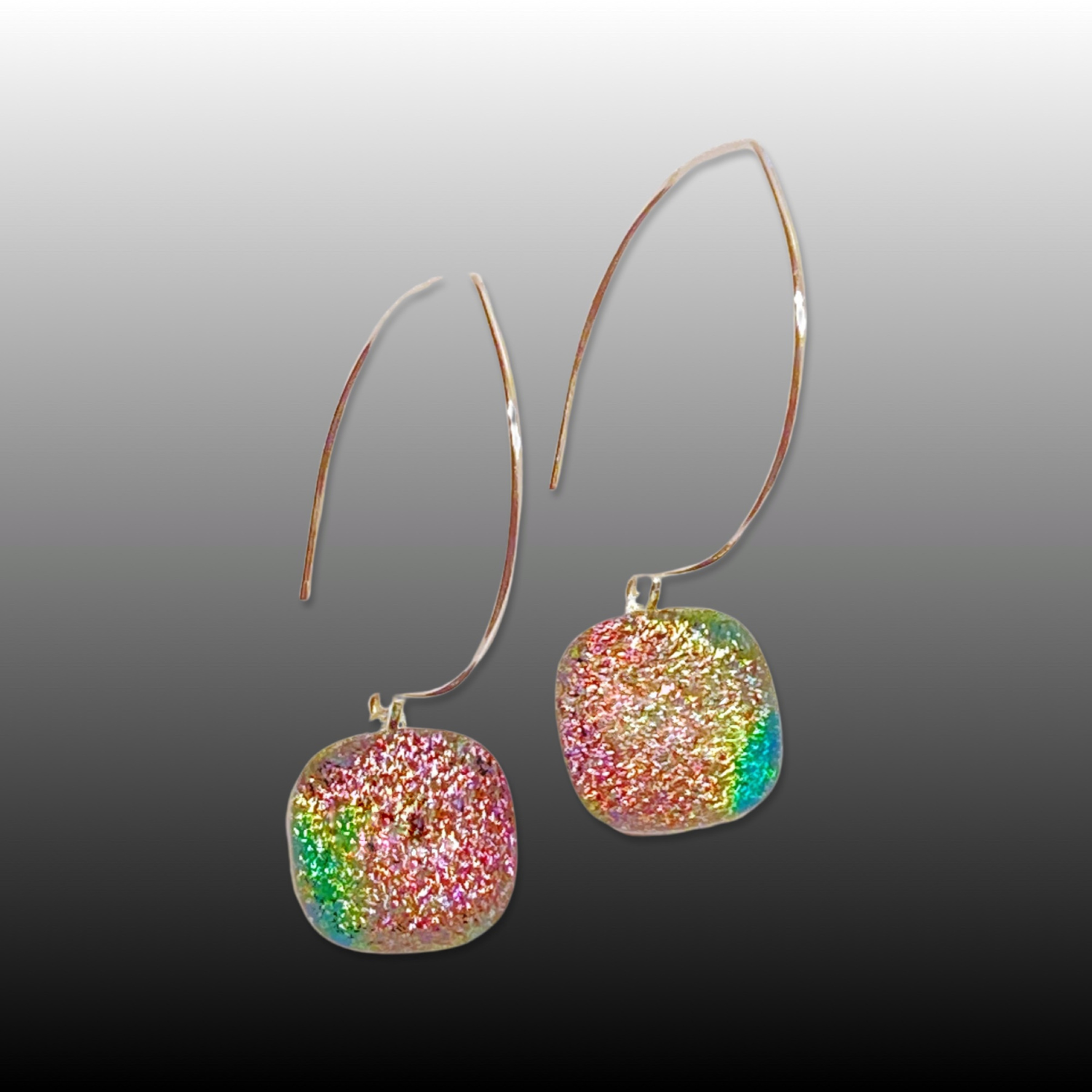 Pink Green Dichroic Glass Drop Earrings | Pierced Dangle Earrings | Handmade