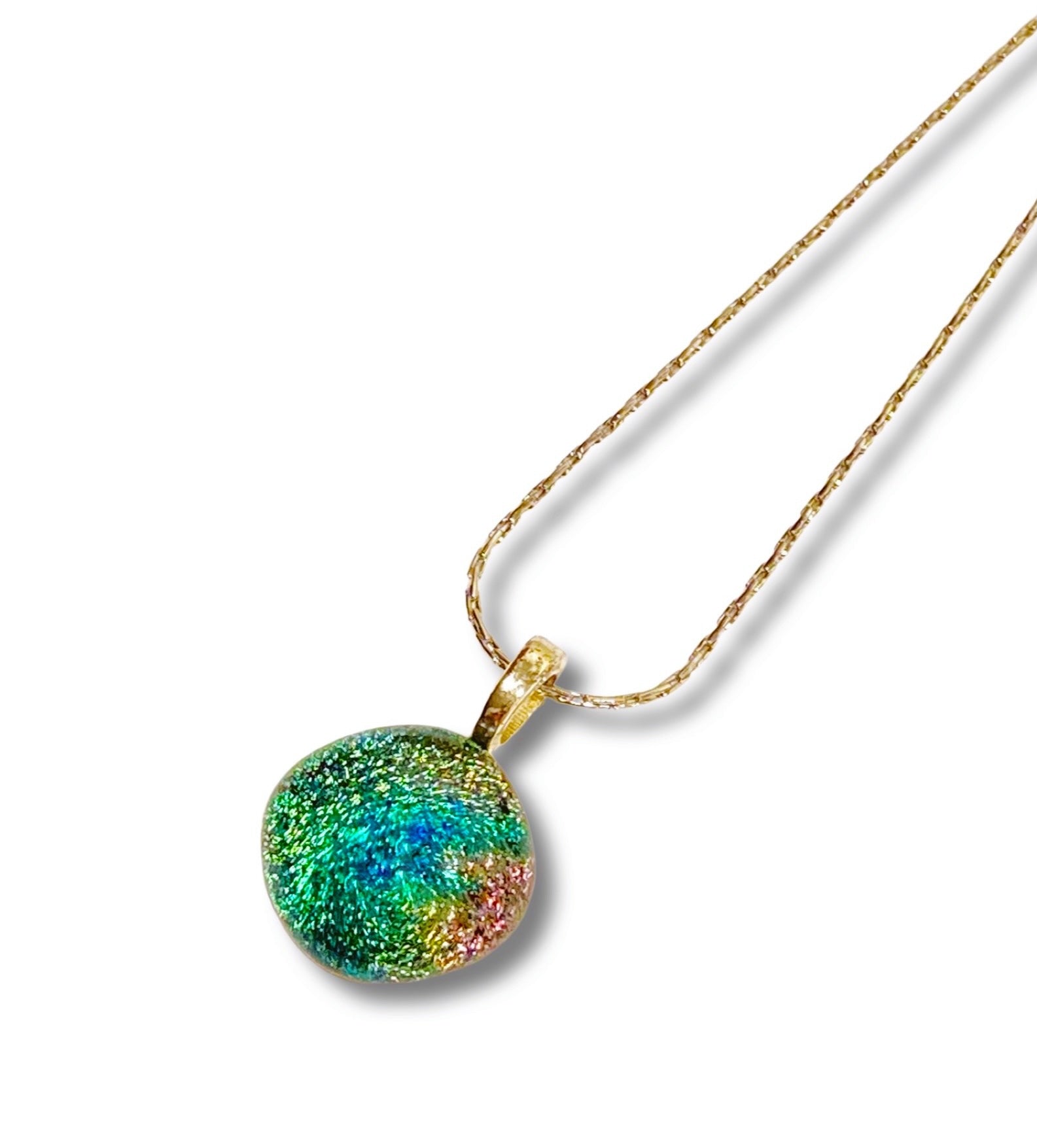 Small Round Teal Green Mauve Dichroic Glass Pendant