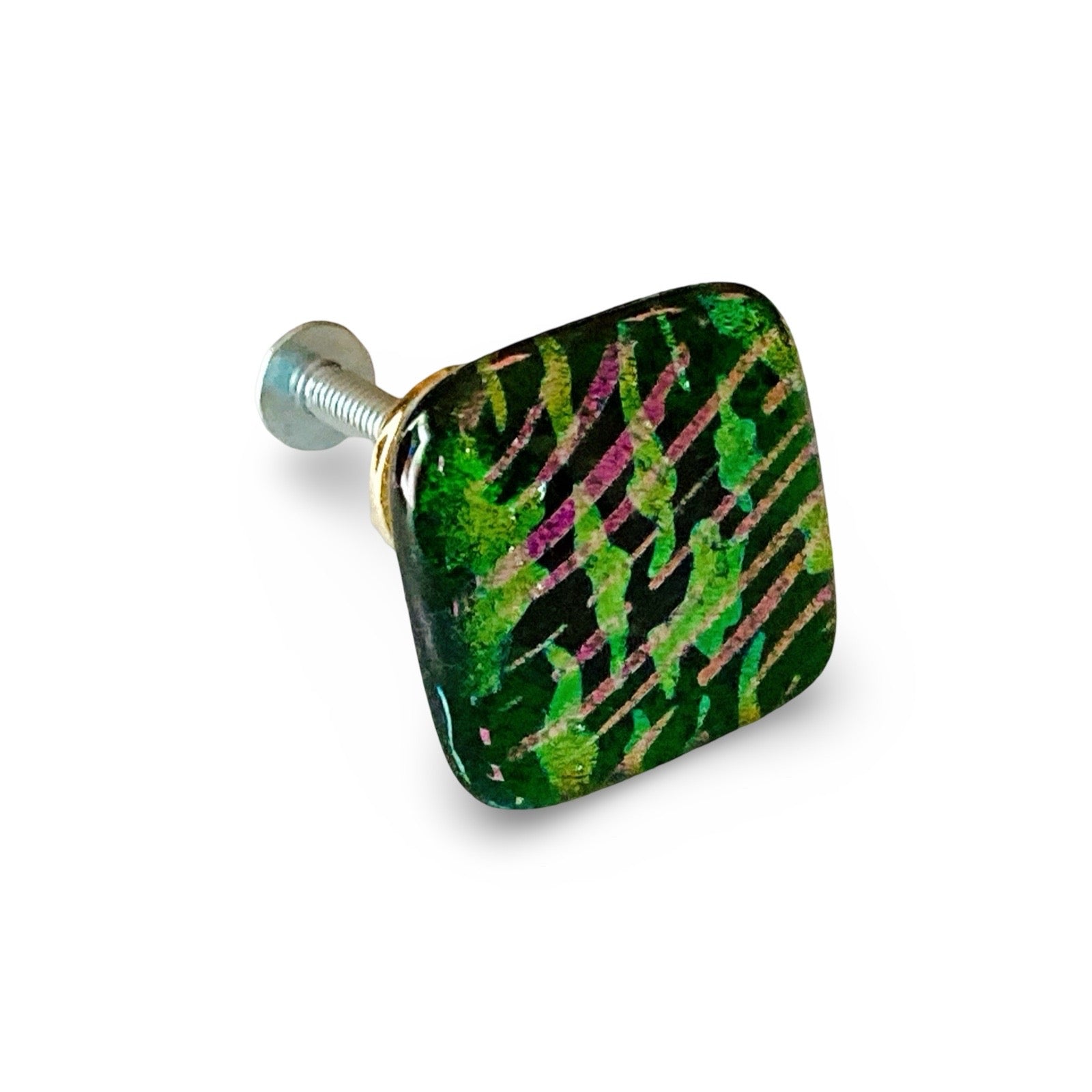 Handmade dichroic glass cabinet knob, by 3D Glass Designs.