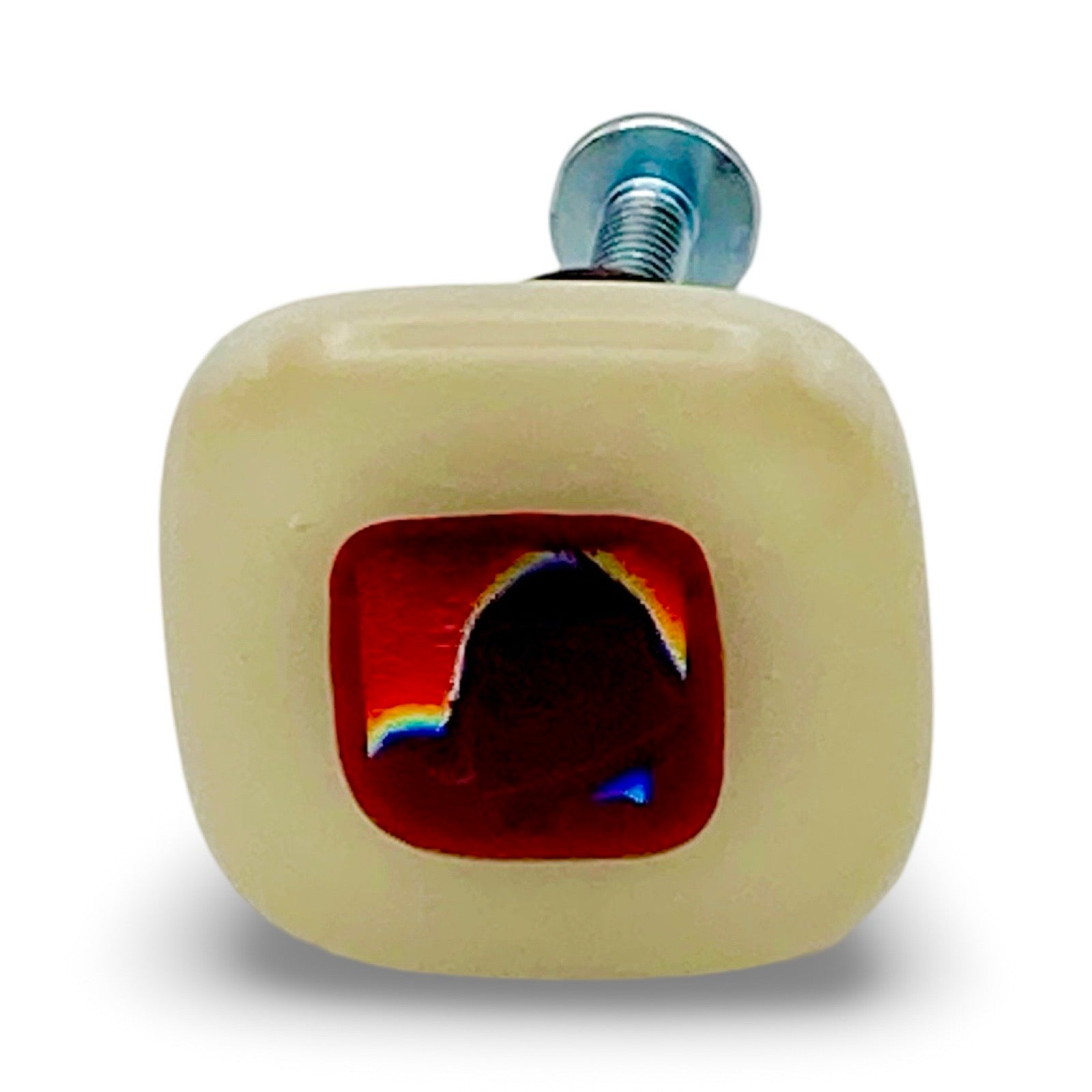 Cream and red dichroic glass cabinet door or drawer pull, by 3D Glass Designs.