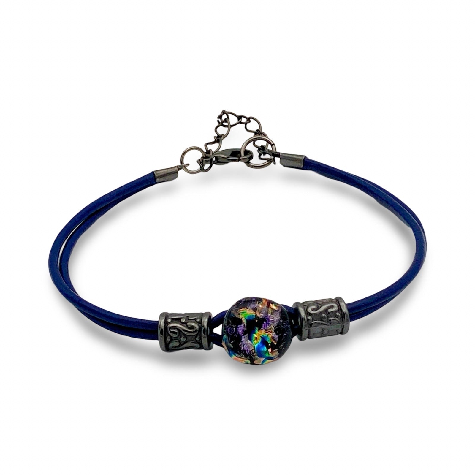 Handmade purple dichroic glass and blue leather bracelet, by 3D Glass designs.
