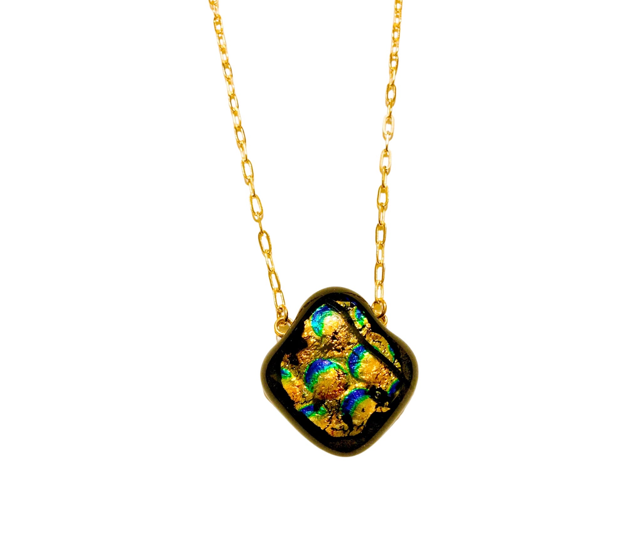 Gold-blue fused glass pendant necklace against a white background, by 3D Glass Designs.