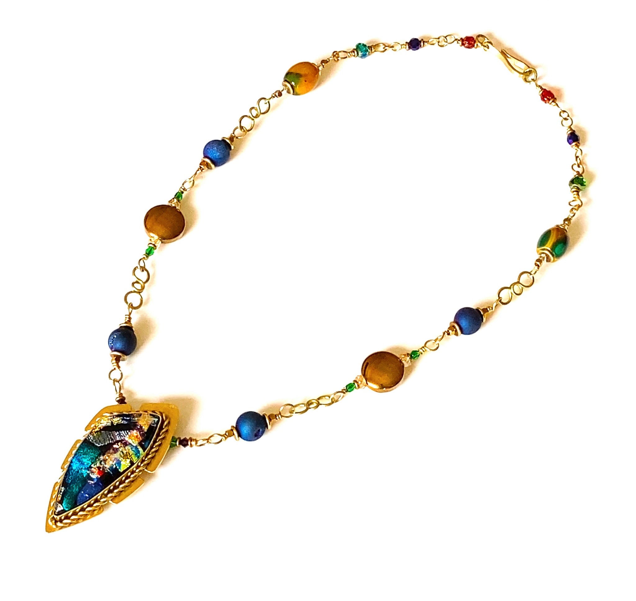 Full view of dichroic and brass pendant with beaded necklace, all handmade. By 3D Glass Designs.
