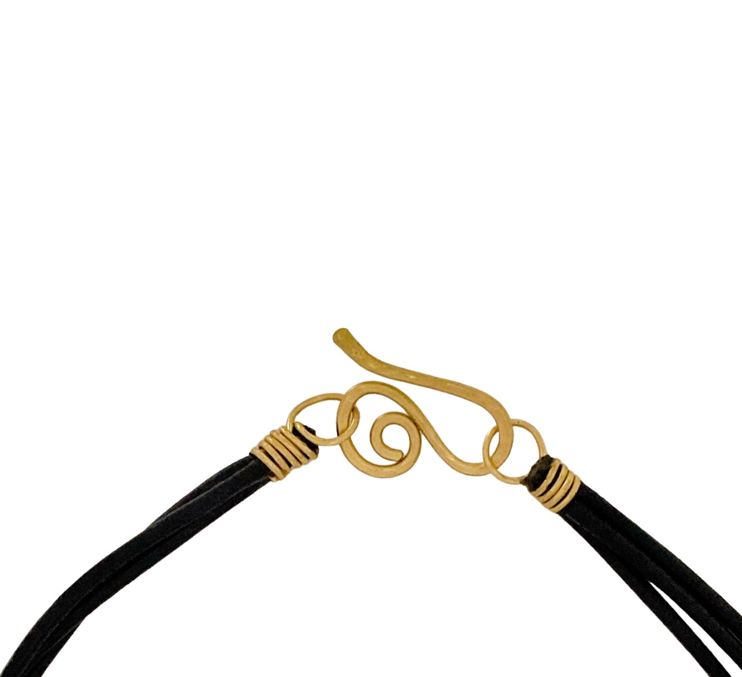 Section of handmade brass and leather necklace, by 3D Glass Designs.