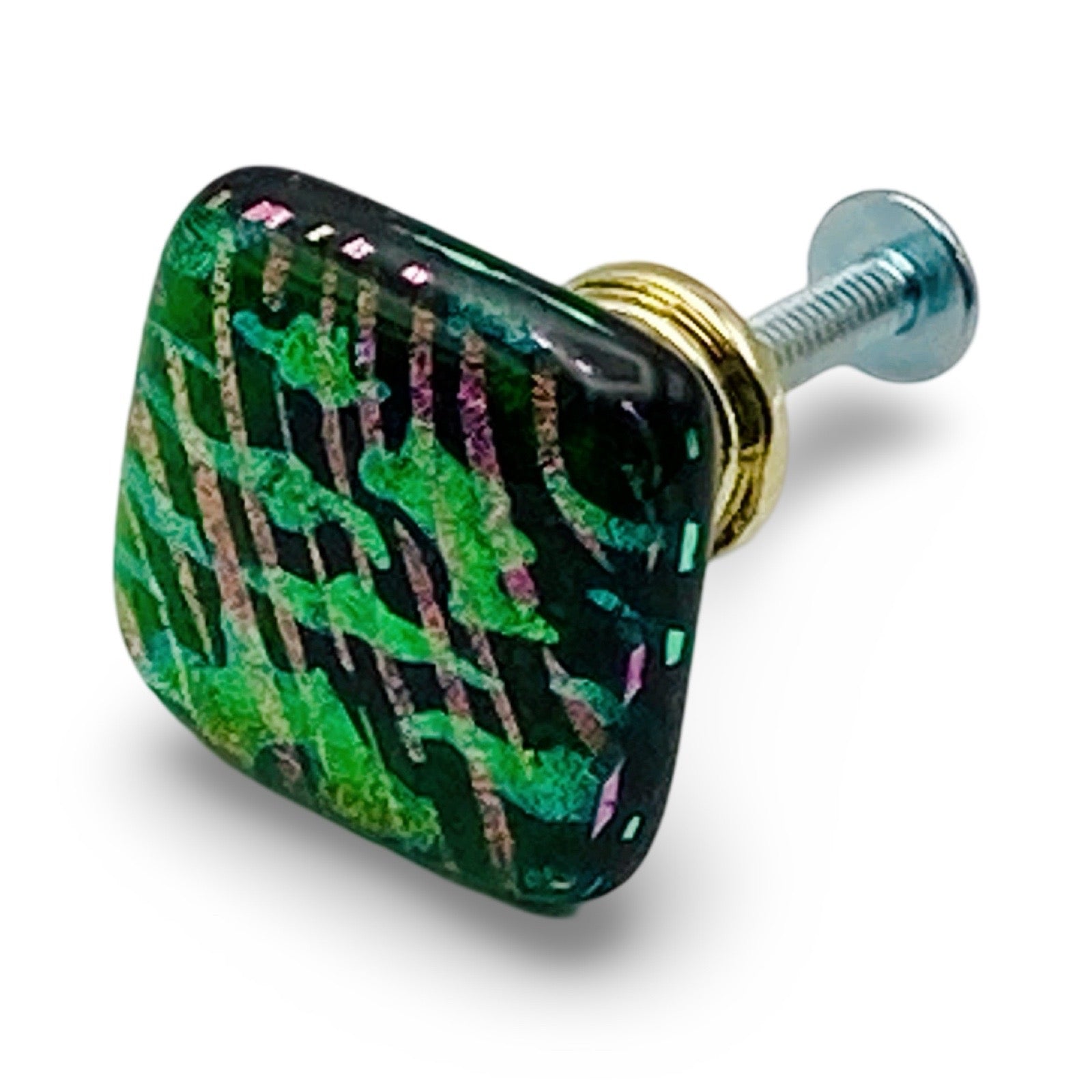 Handmade dichroic glass cabinet knob, by 3D Glass Designs.