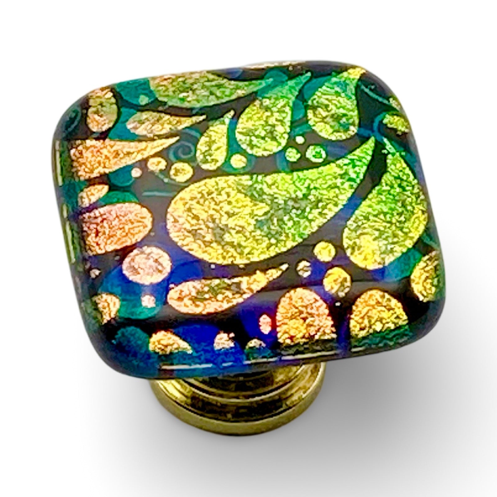 Handmade dichroic glass cabinet knob, by 3D Glass Designs.