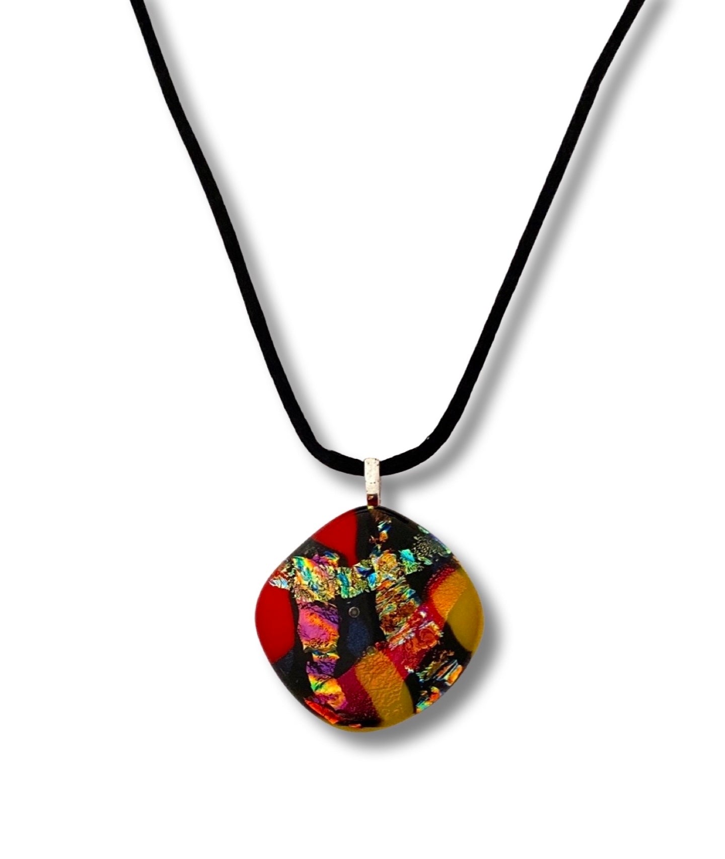 Colorful dichroic fused glass pendant in red, blue, yellow, purple, green and gold colors with a black satin cord. By 3D Glass Designs.