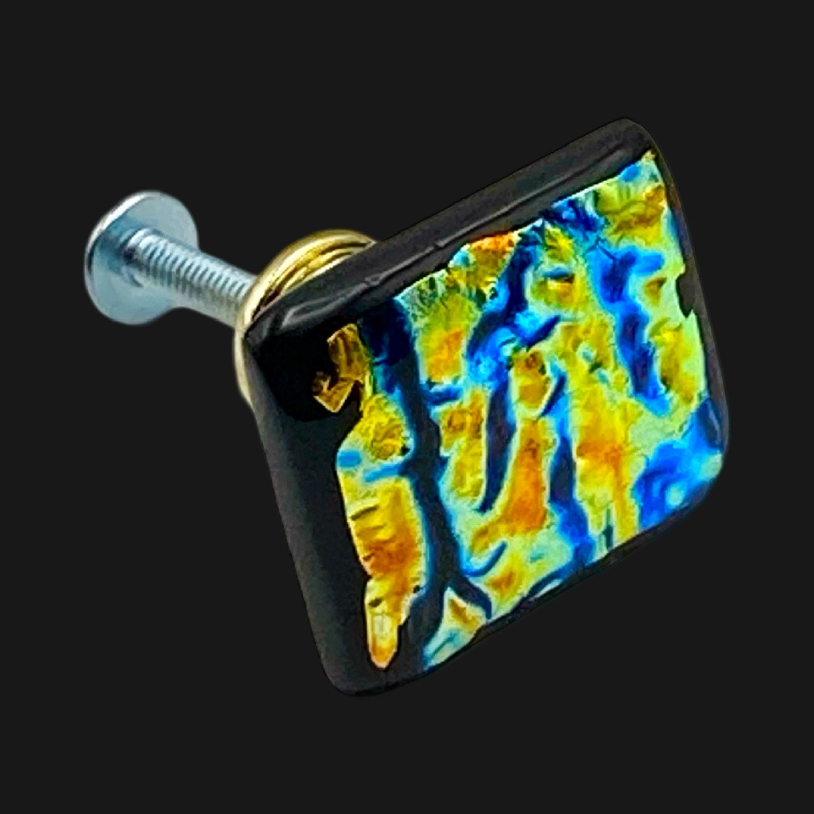 Handmade dichroic glass furniture knob, by 3D Glass Designs.