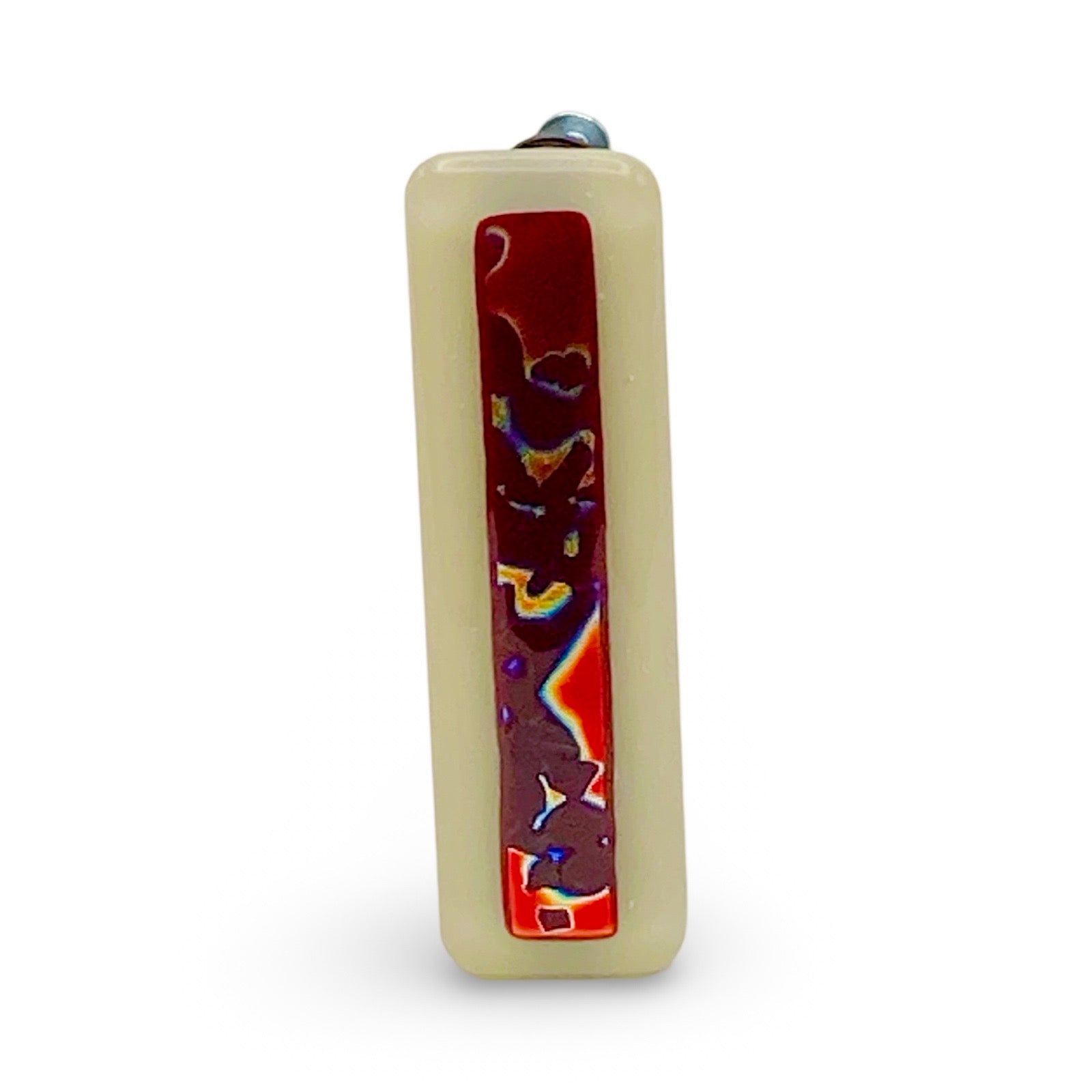 4" long Cream and red dichroic glass cabinet door handle, by 3D Glass Designs.