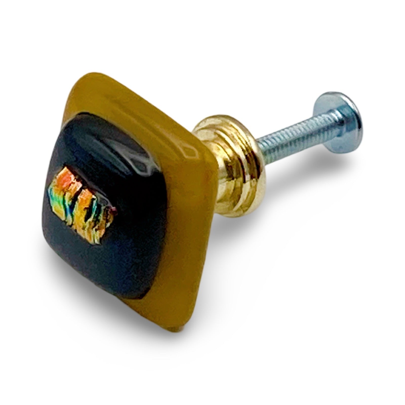 Fused glass cabinet knob in gold, blue and multi-colored dichroic glass, by 3D Glass Designs.