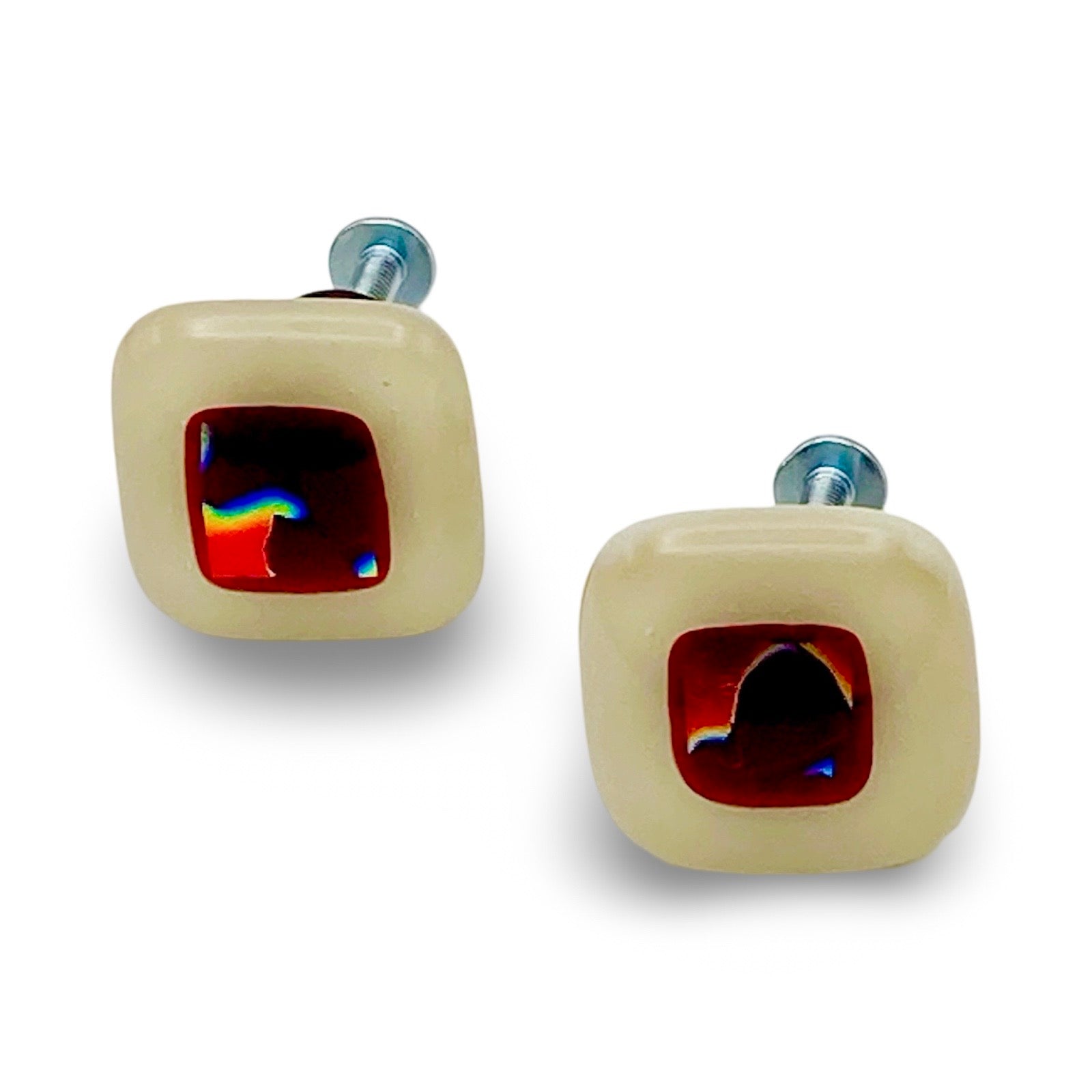 A pair of fused glass cabinet knobs, by 3D Glass Designs.