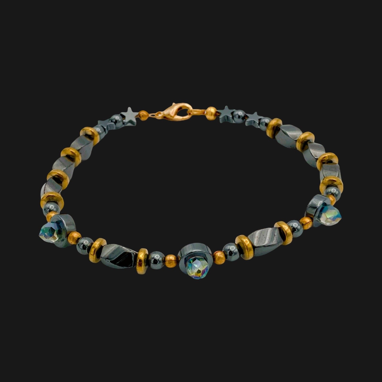 Hematite and crystal beaded bracelet, by 3D Glass Designs.
