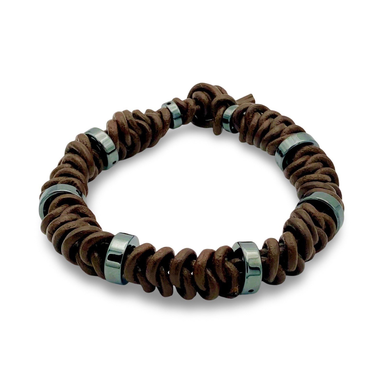 Brown Leather hand-knotted bracelet with hematite beads, by 3D Glass Designs.