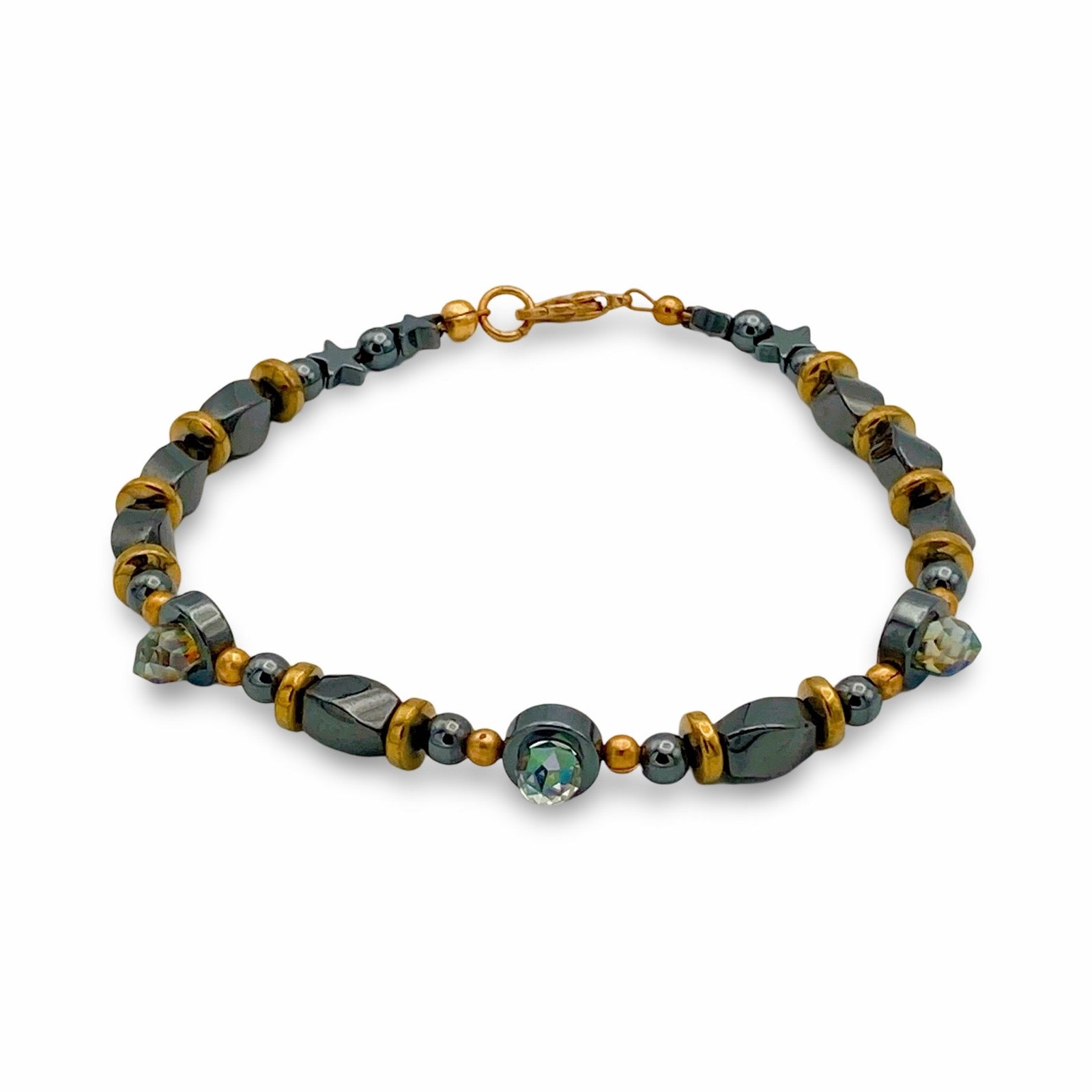 Hematite and crystal beaded bracelet, by 3D Glass Designs.