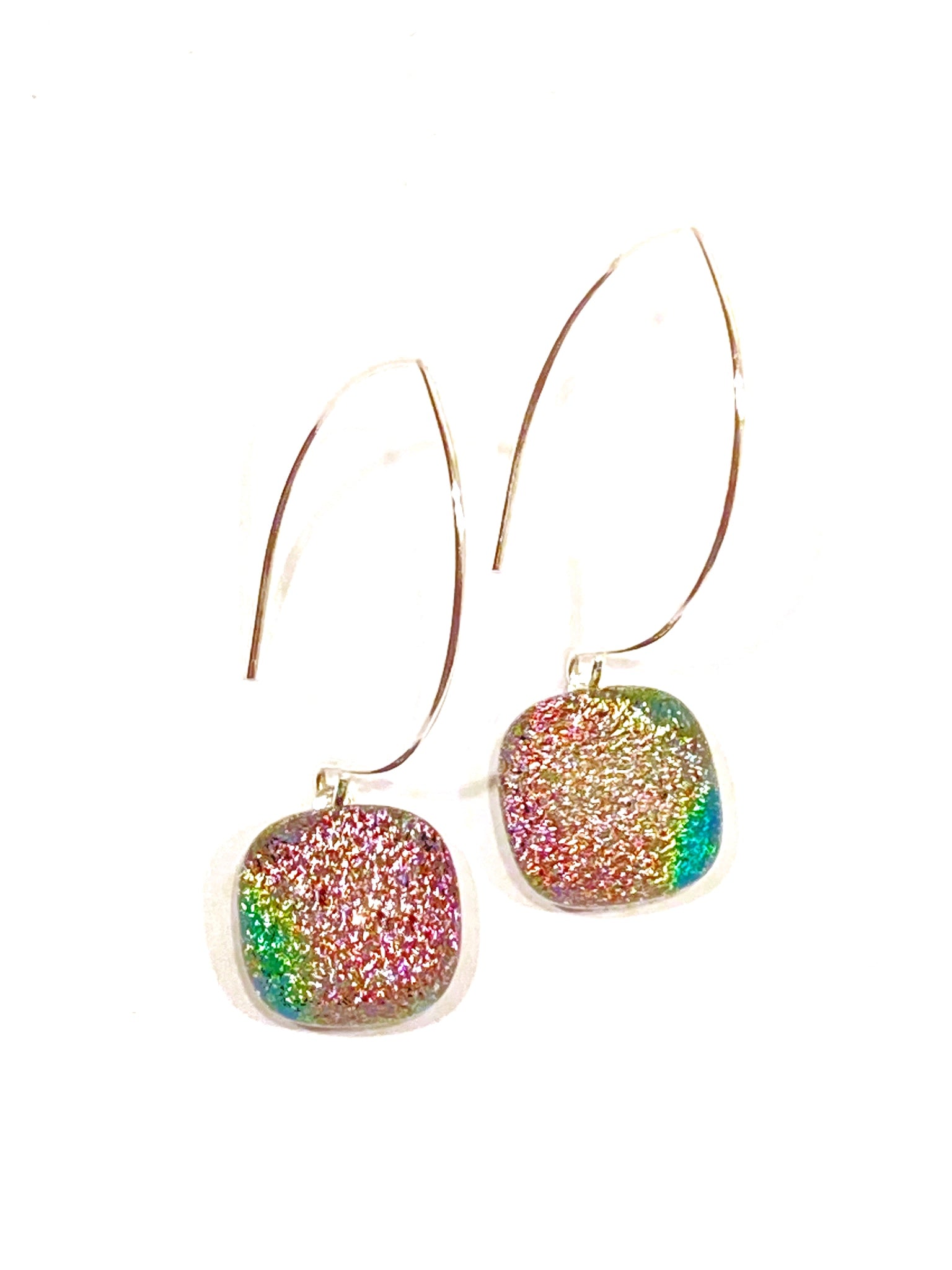 Pink Green Dichroic Glass Drop Earrings | Pierced Dangle Earrings | Handmade