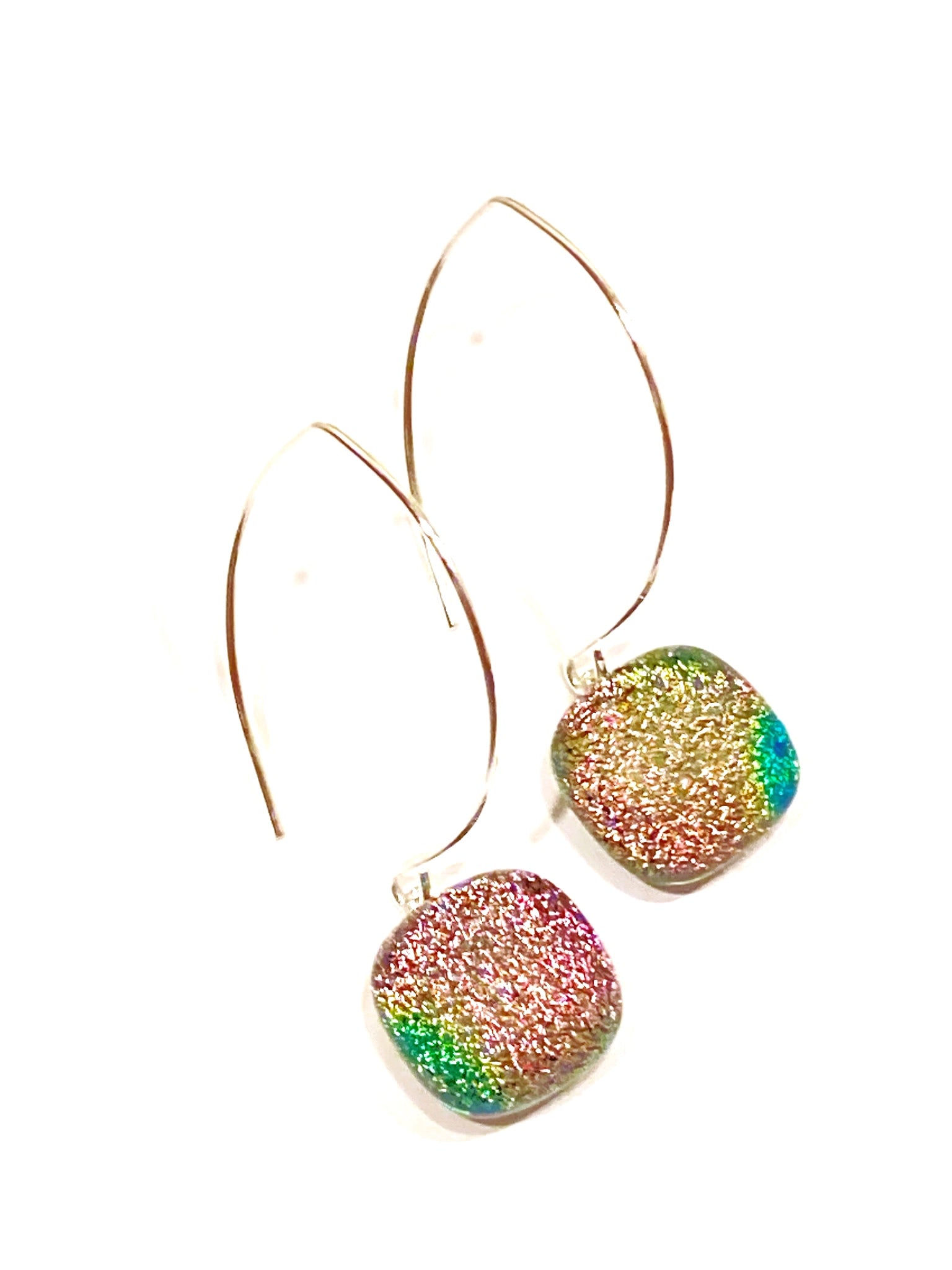 Pink Green Dichroic Glass Drop Earrings | Pierced Dangle Earrings | Handmade